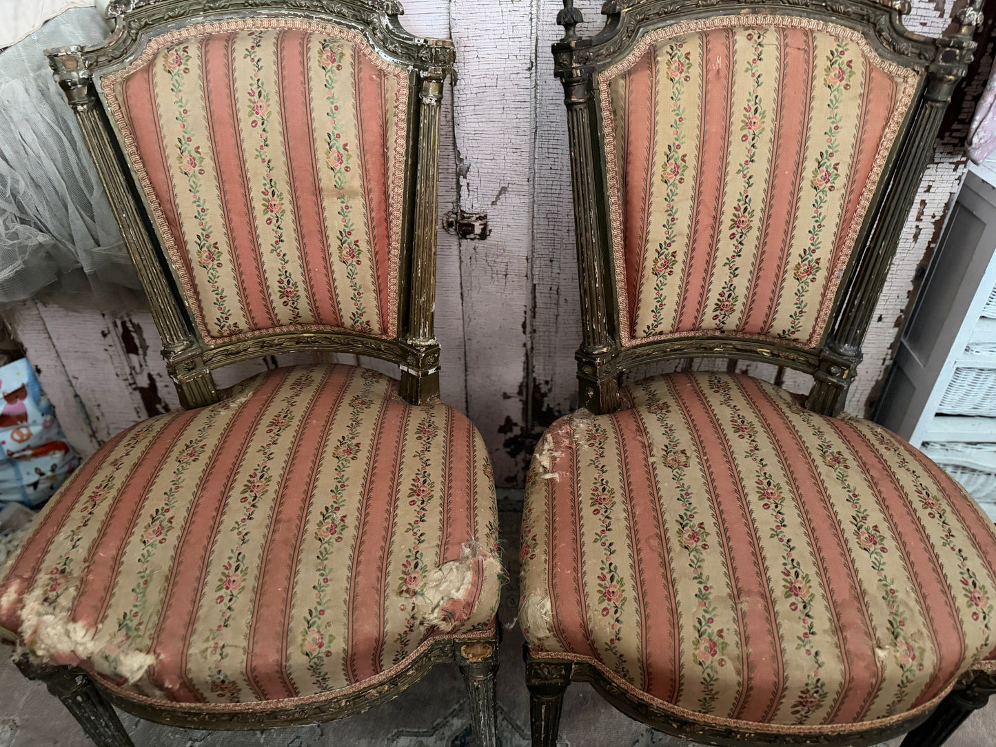 Pair Antique French Victorian Louis XVI Pink Silk Chairs