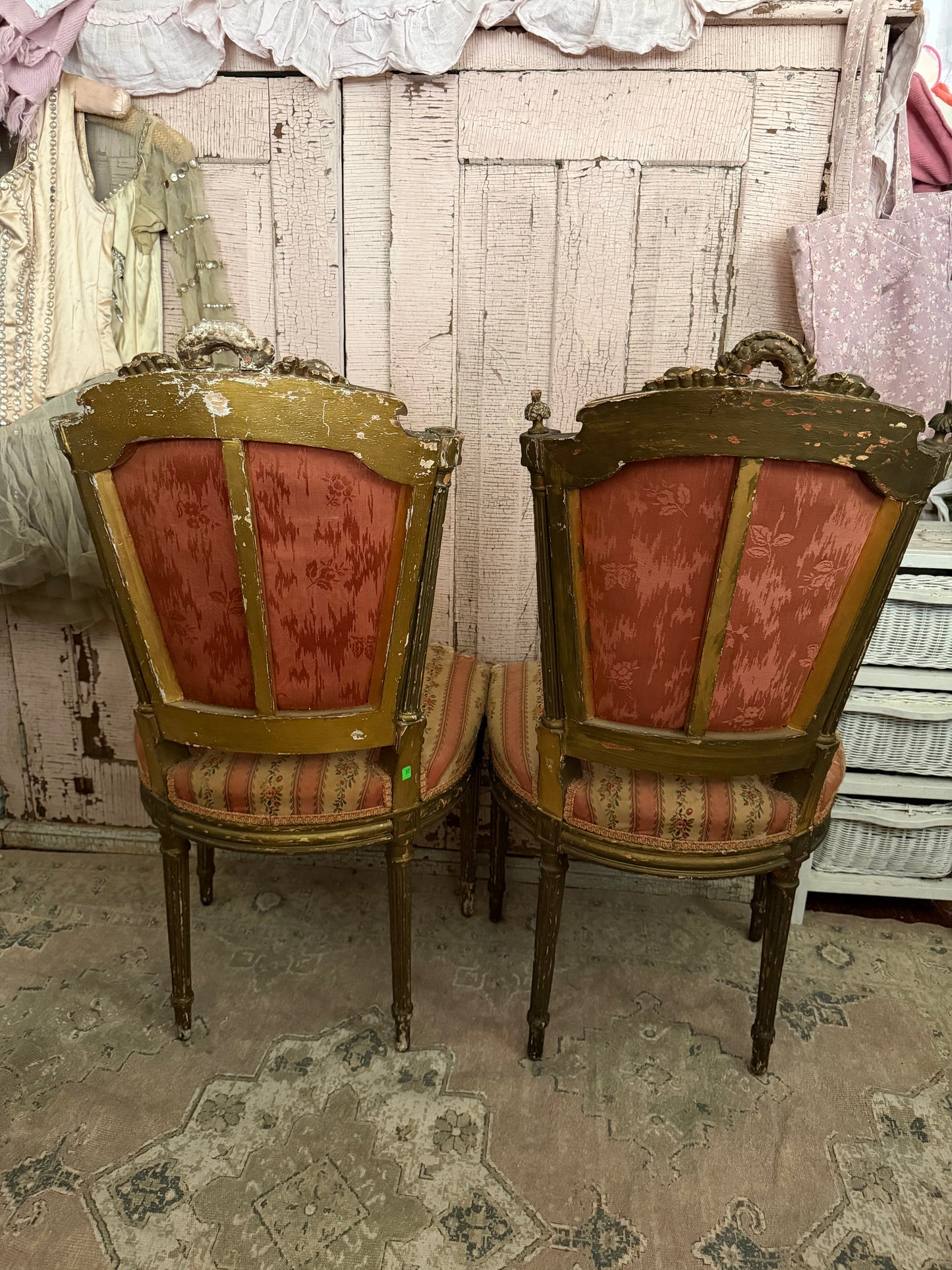 Pair Antique French Victorian Louis XVI Pink Silk Chairs