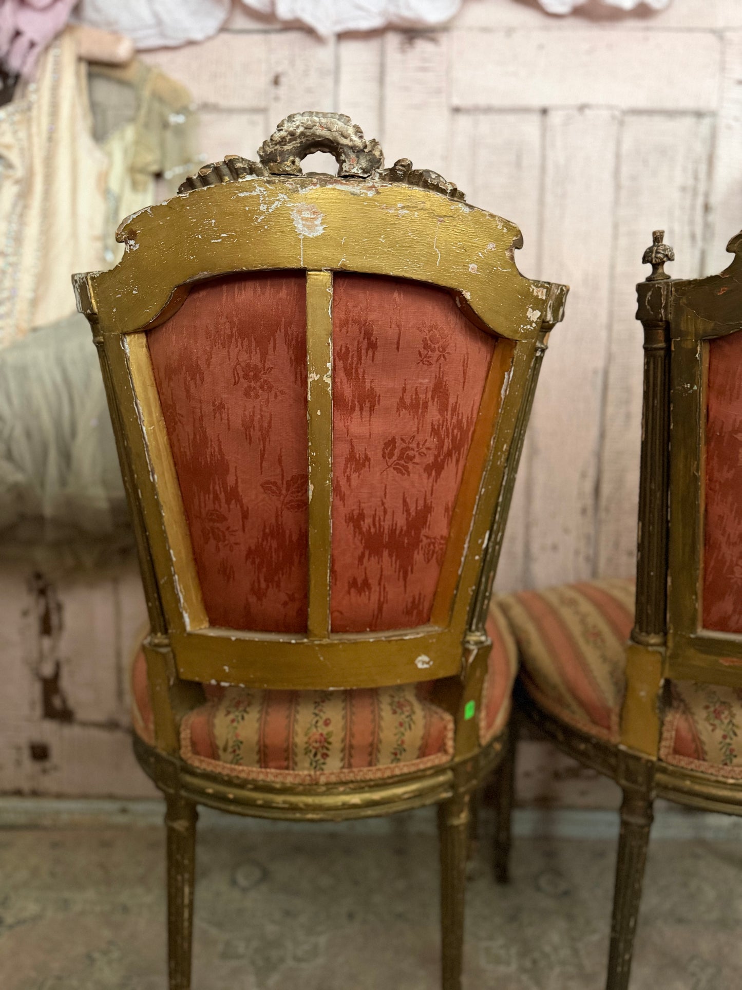 Pair Antique French Victorian Louis XVI Pink Silk Chairs