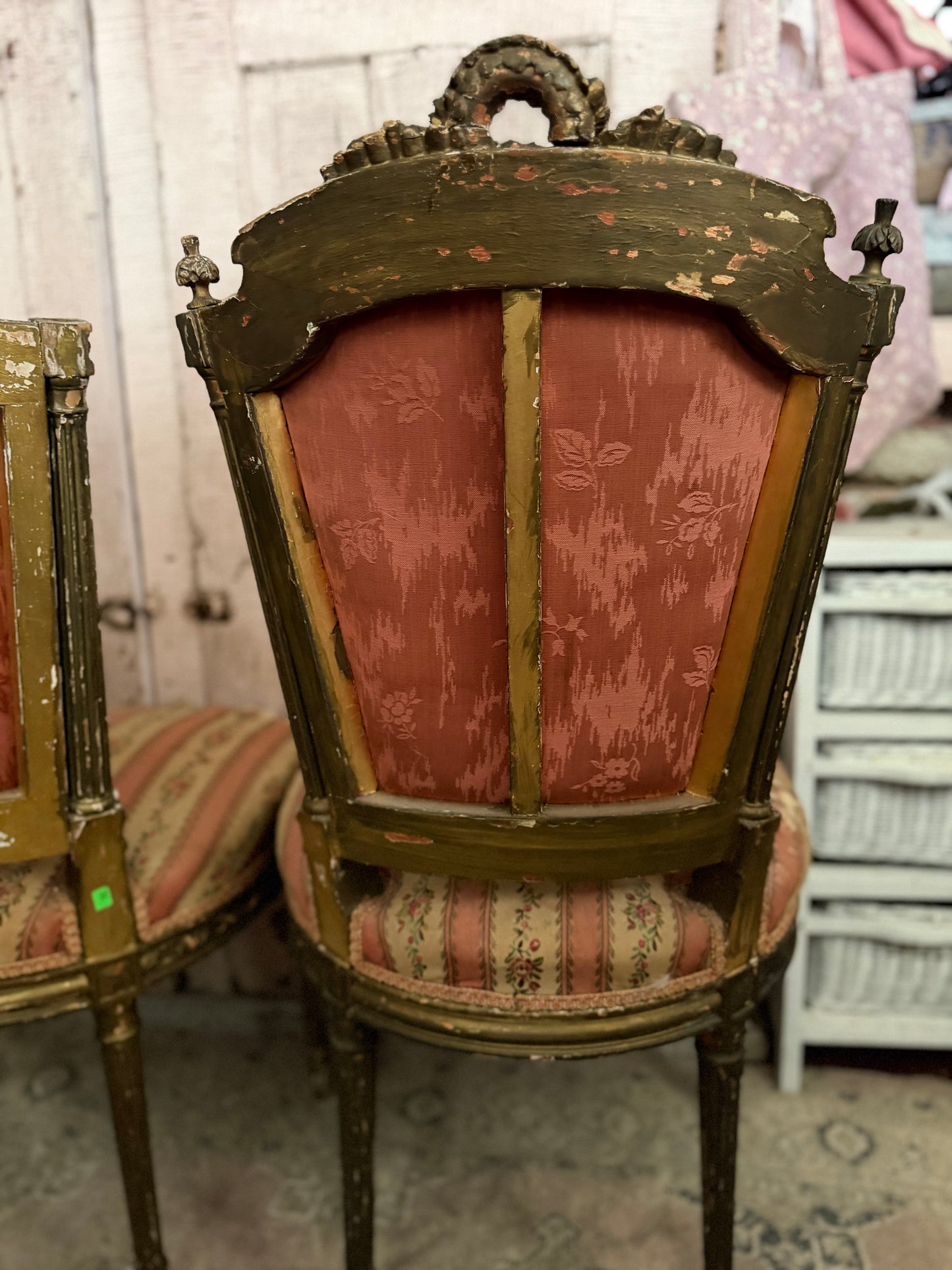Pair Antique French Victorian Louis XVI Pink Silk Chairs