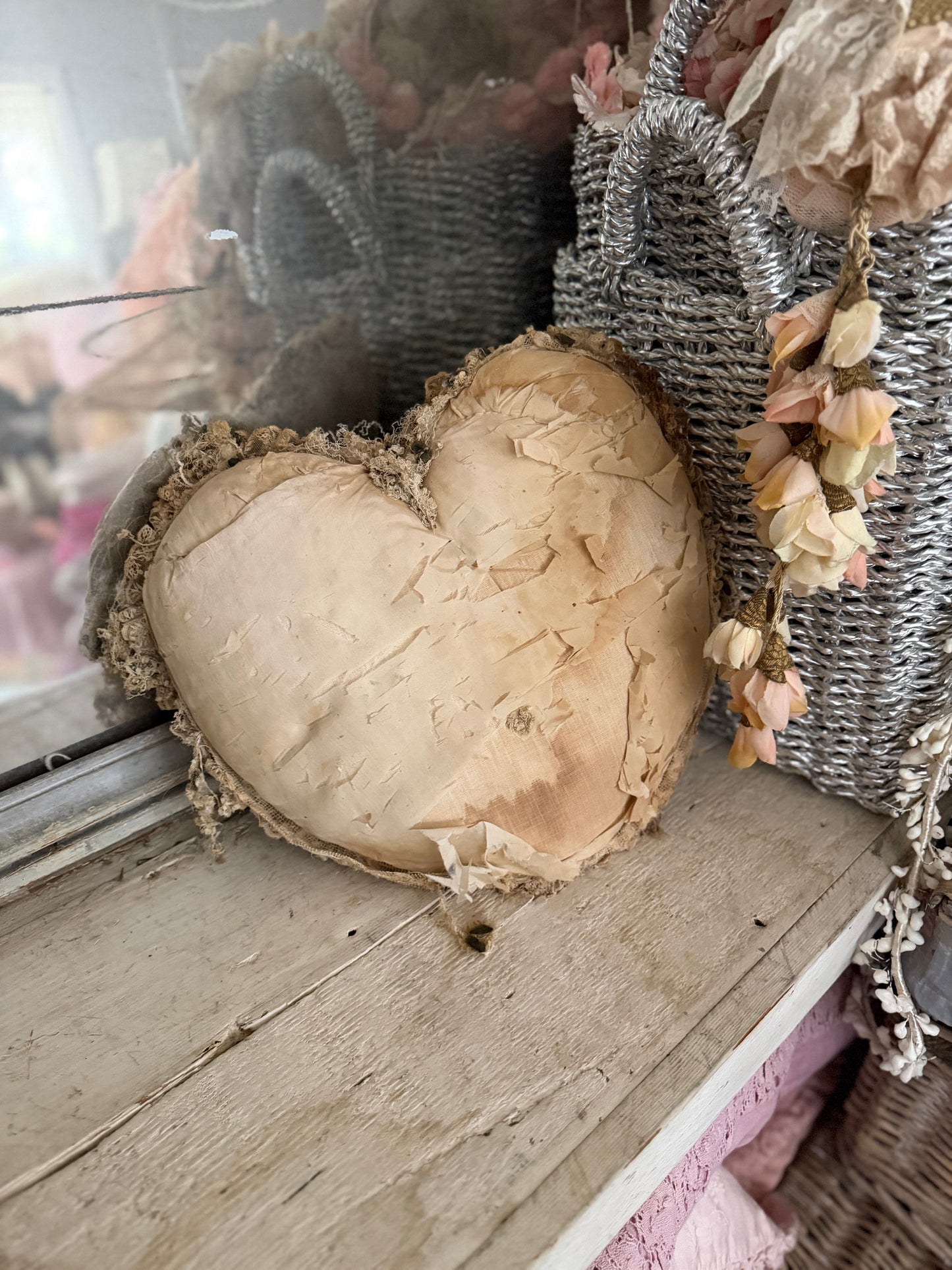 Antique Former Ribbonwork Lace Heart Pillow
