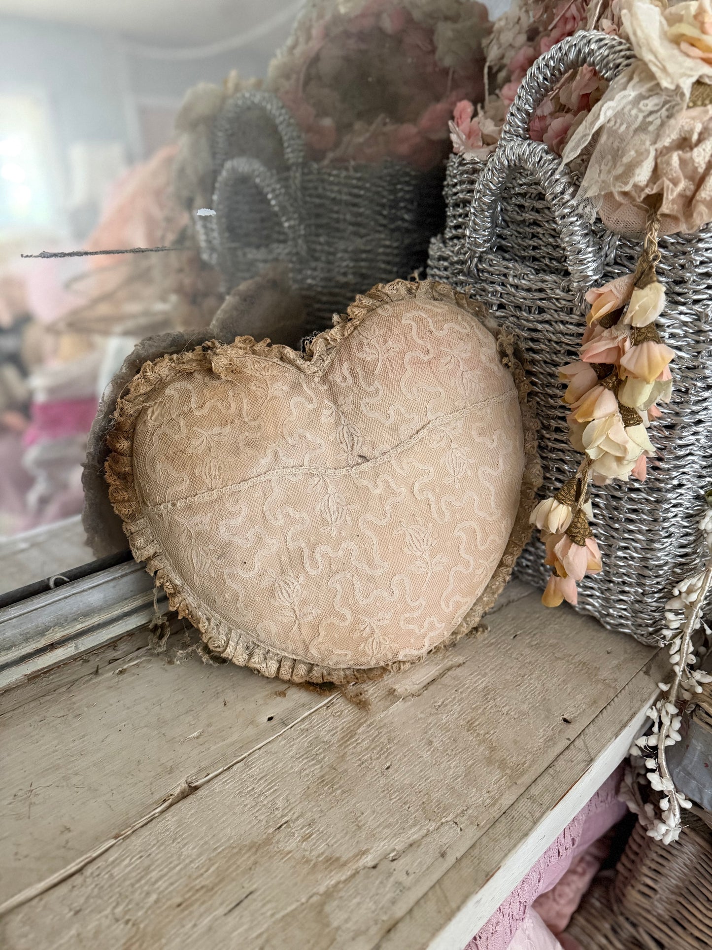 Antique Former Ribbonwork Lace Heart Pillow