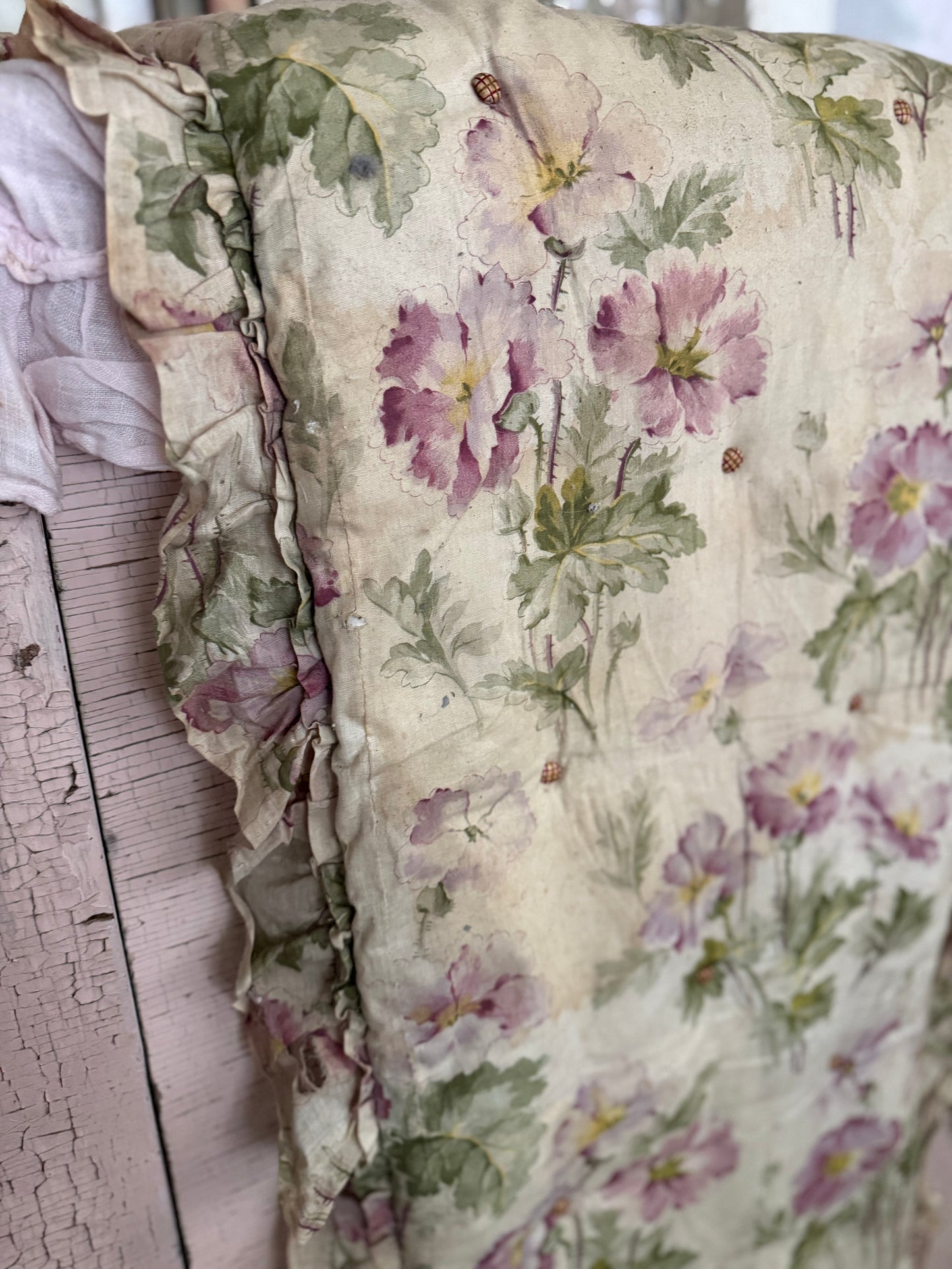 Antique French Straw Filled XL Long Floral Ruffled Cushion