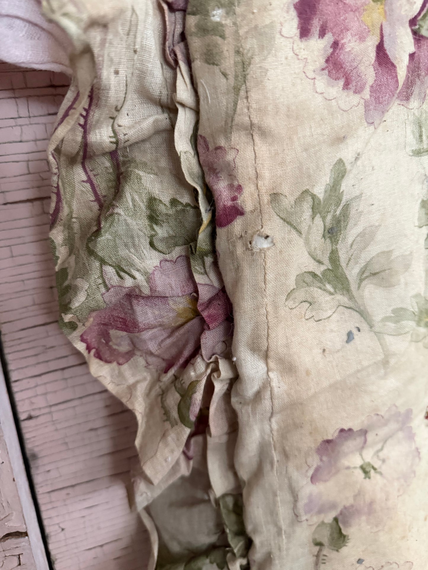 Antique French Straw Filled XL Long Floral Ruffled Cushion