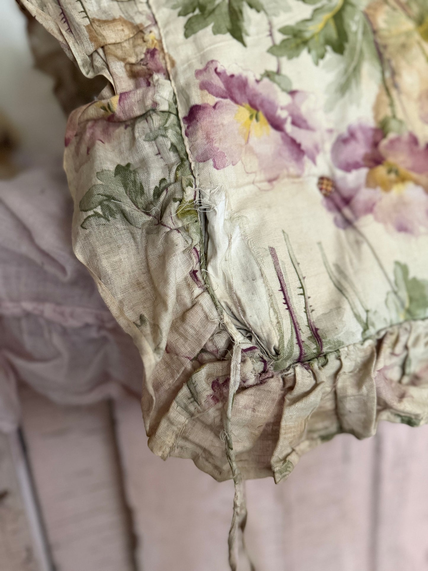 Antique French Straw Filled XL Long Floral Ruffled Cushion