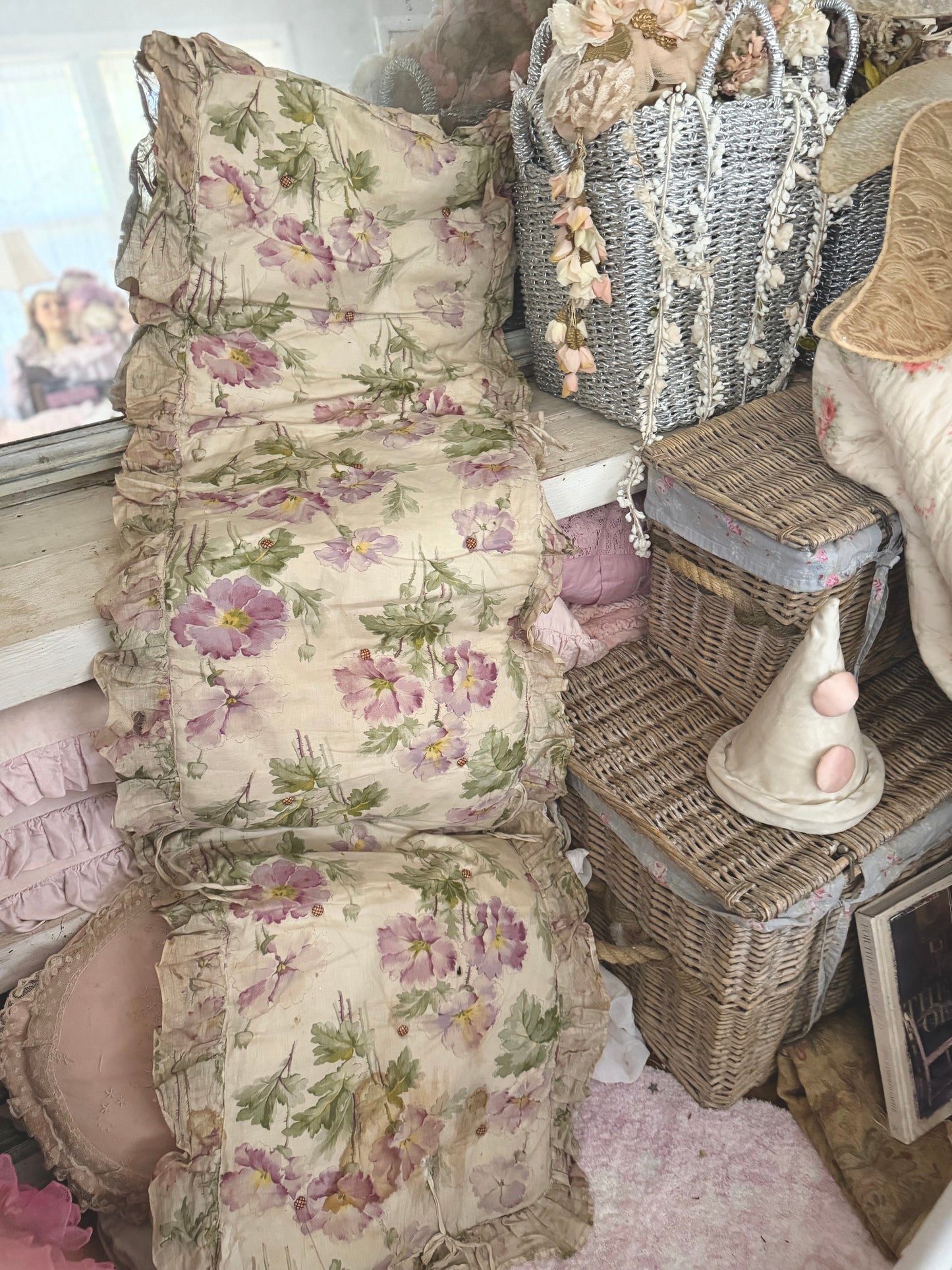 Antique French Straw Filled XL Long Floral Ruffled Cushion