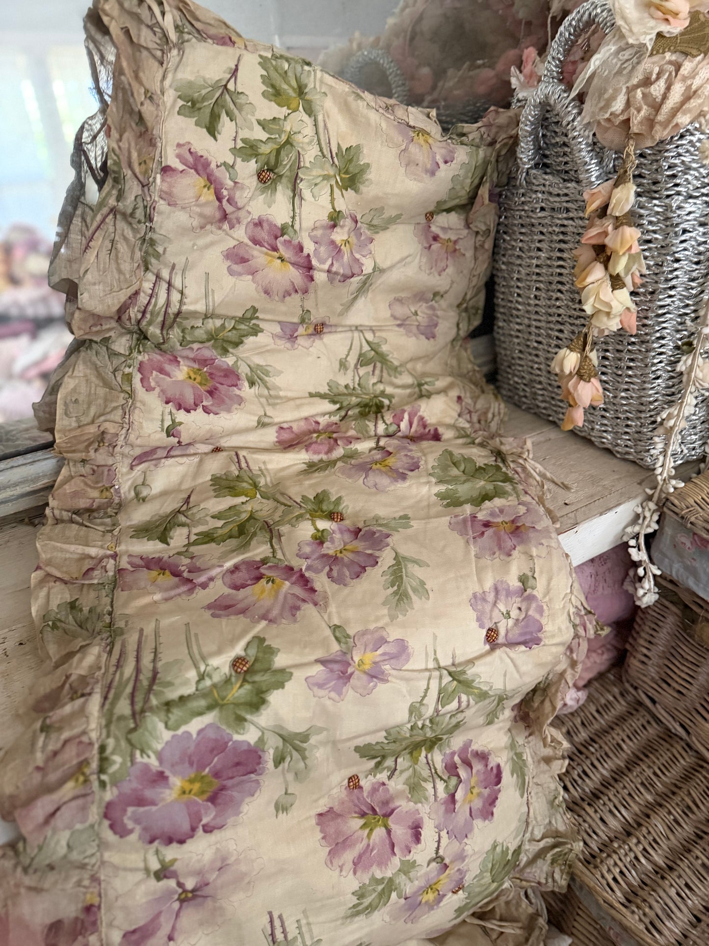 Antique French Straw Filled XL Long Floral Ruffled Cushion