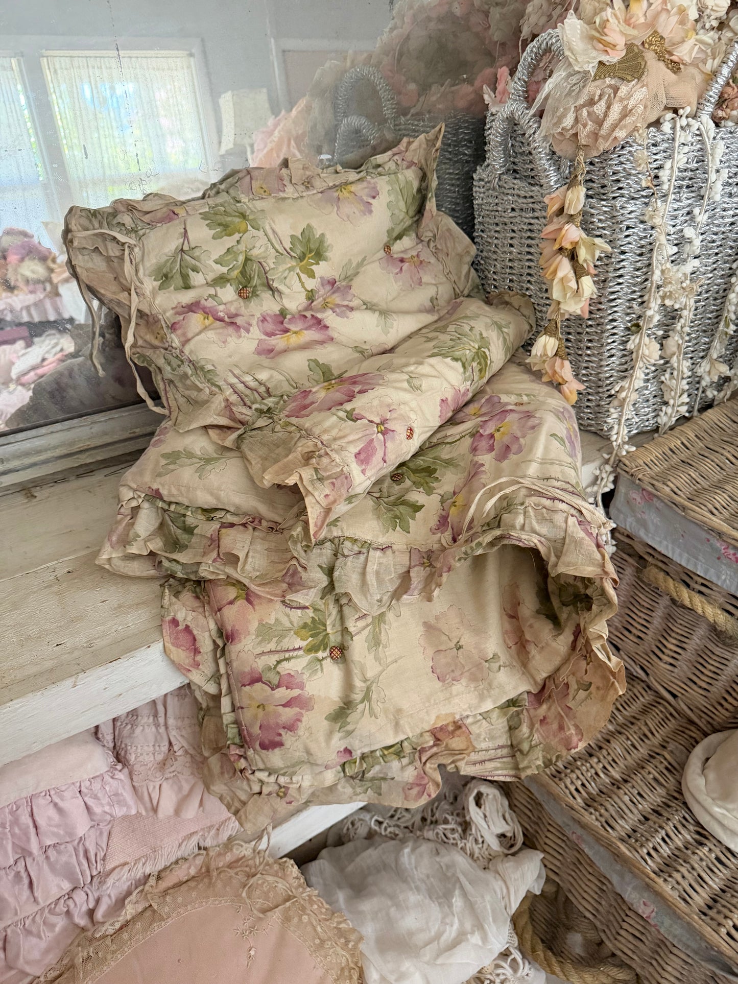 Antique French Straw Filled XL Long Floral Ruffled Cushion