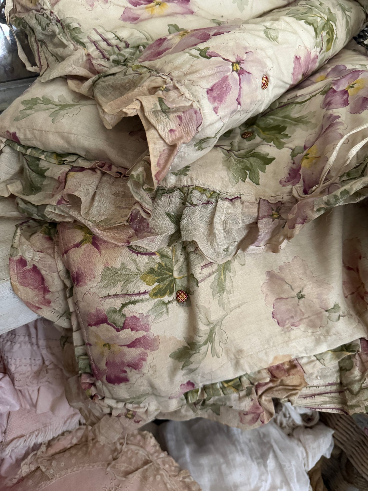 Antique French Straw Filled XL Long Floral Ruffled Cushion