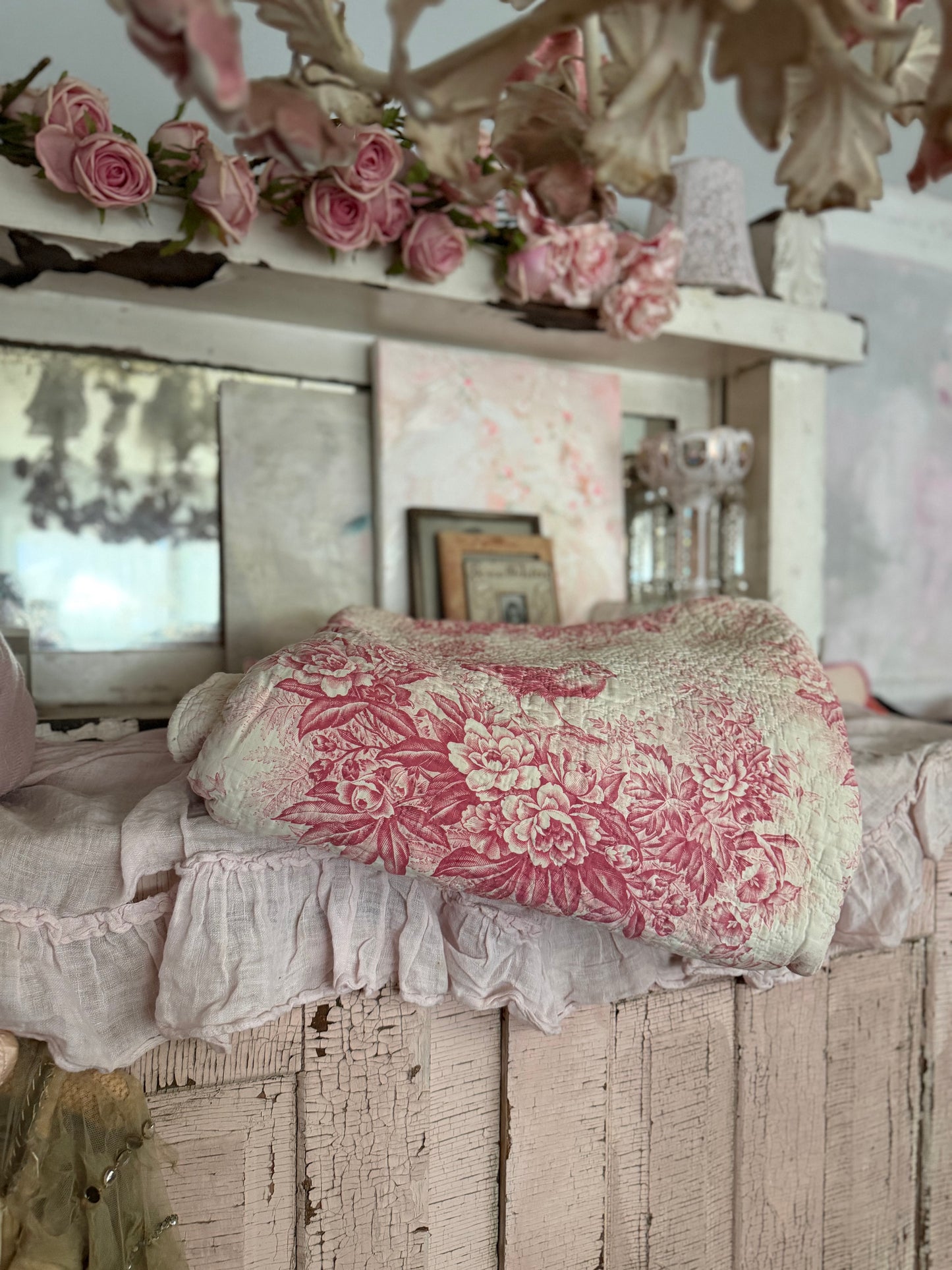 Antique French Boutis Quilt Pink Bird Toile