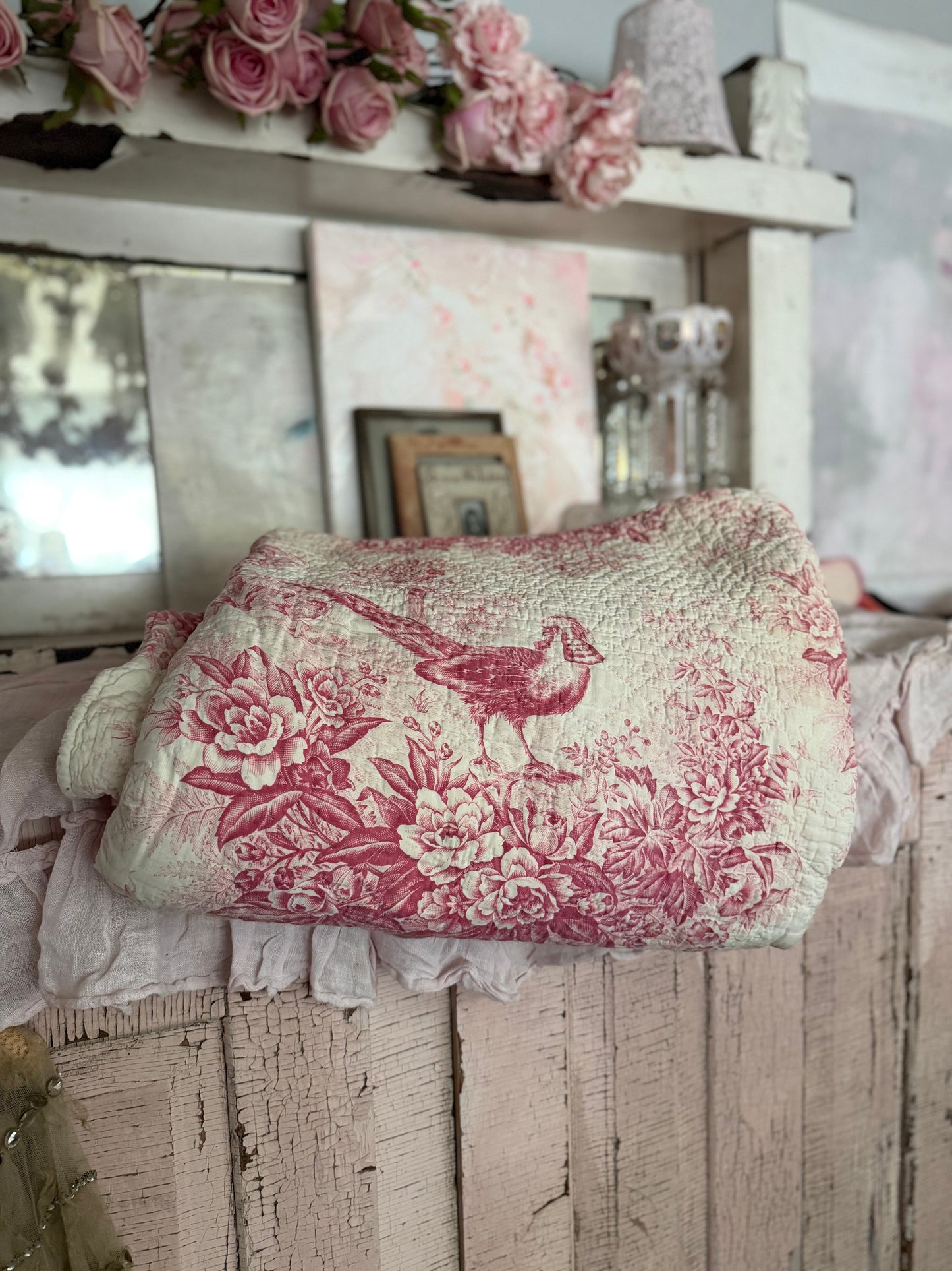 Antique French Boutis Quilt Pink Bird Toile