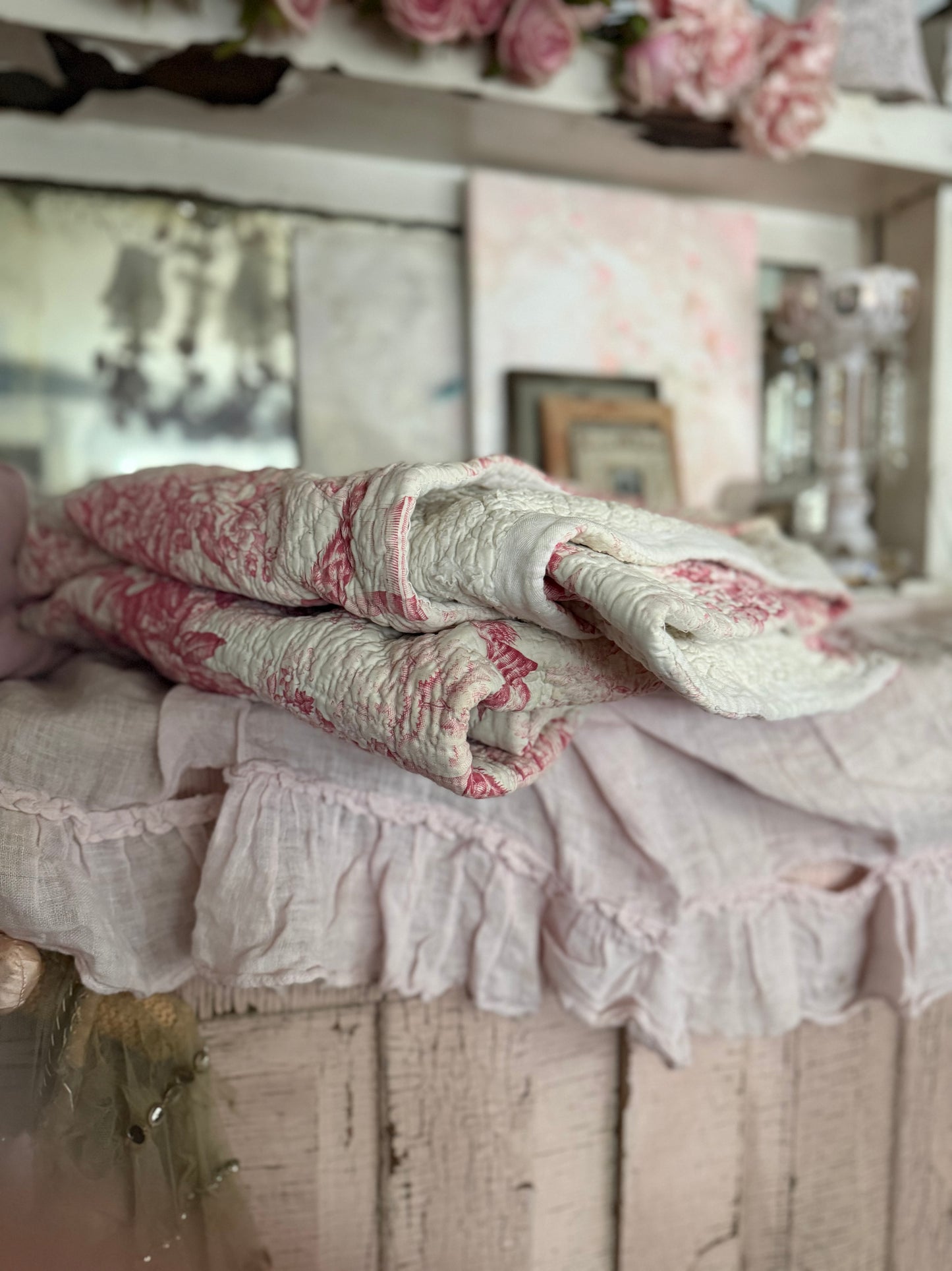 Antique French Boutis Quilt Pink Bird Toile