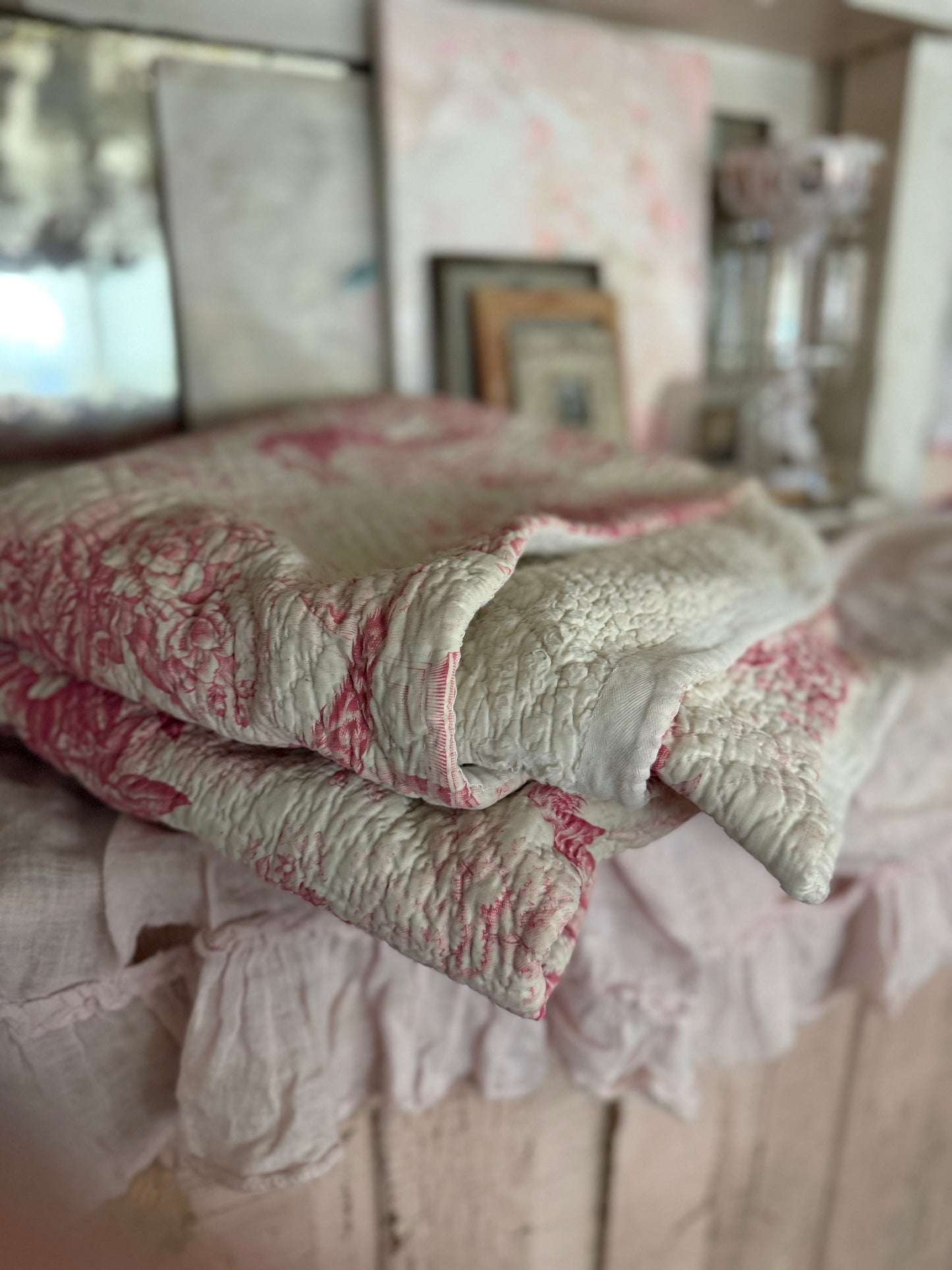Antique French Boutis Quilt Pink Bird Toile