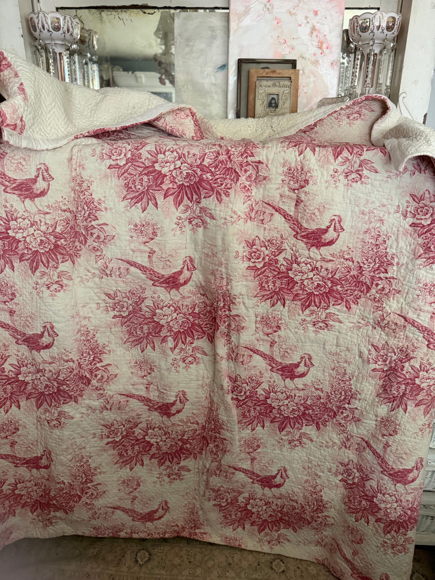 Antique French Boutis Quilt Pink Bird Toile