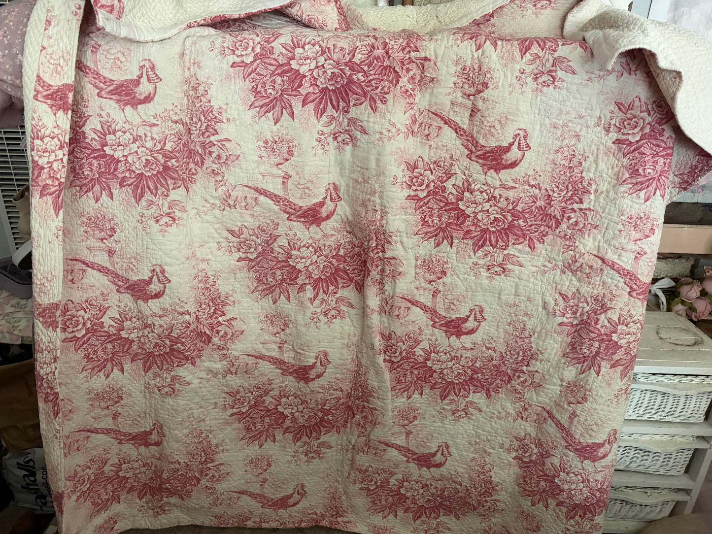 Antique French Boutis Quilt Pink Bird Toile