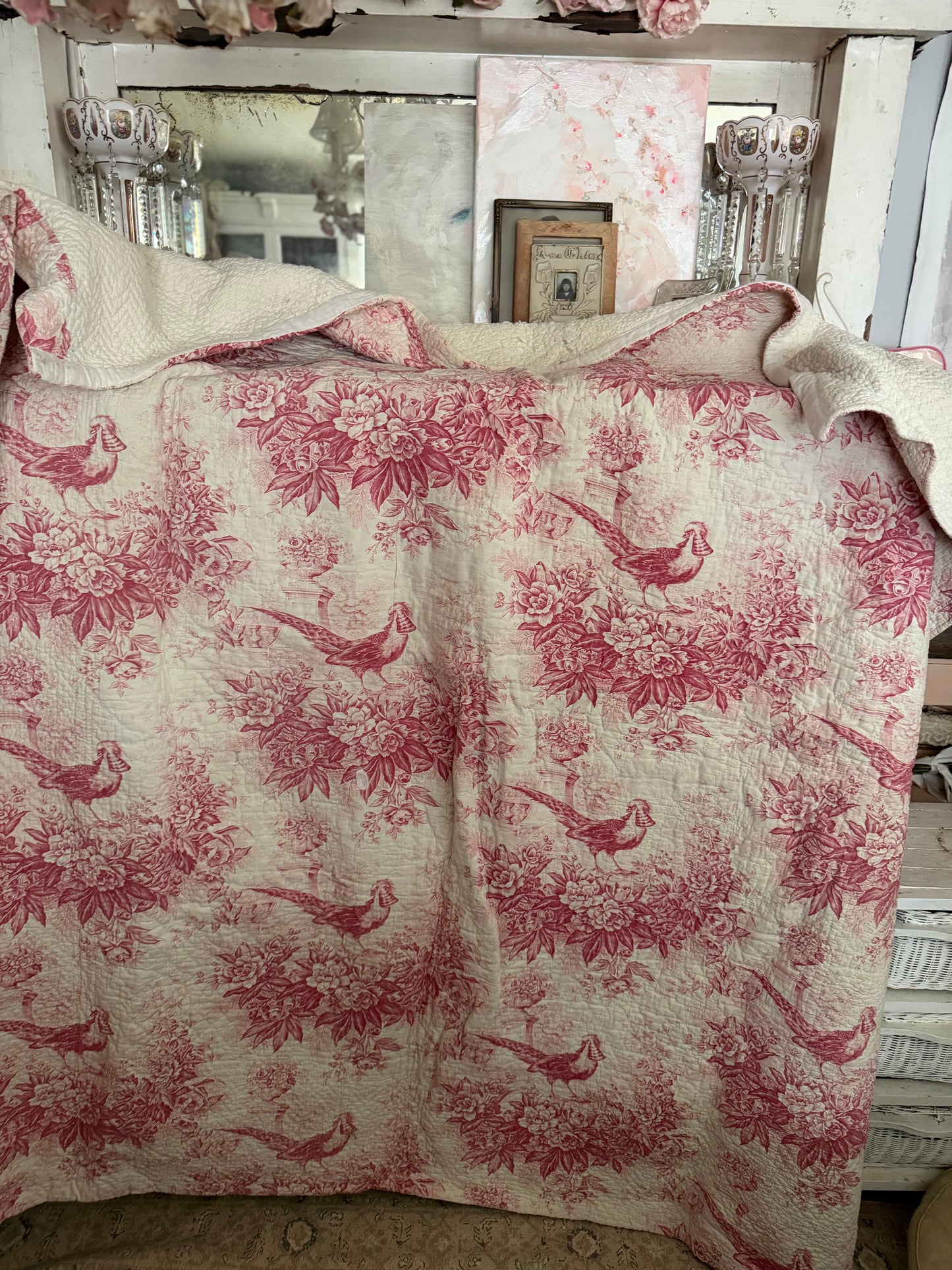 Antique French Boutis Quilt Pink Bird Toile