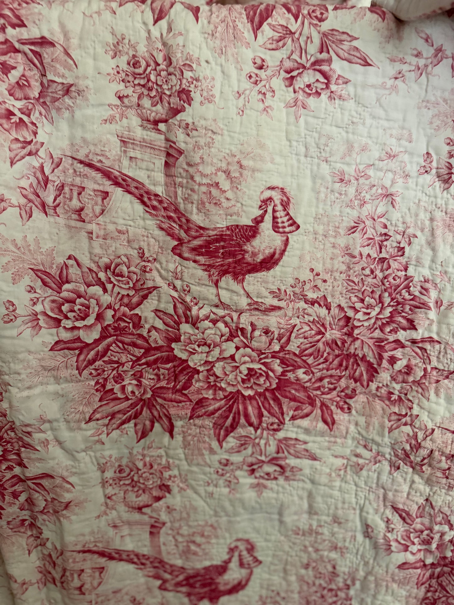 Antique French Boutis Quilt Pink Bird Toile