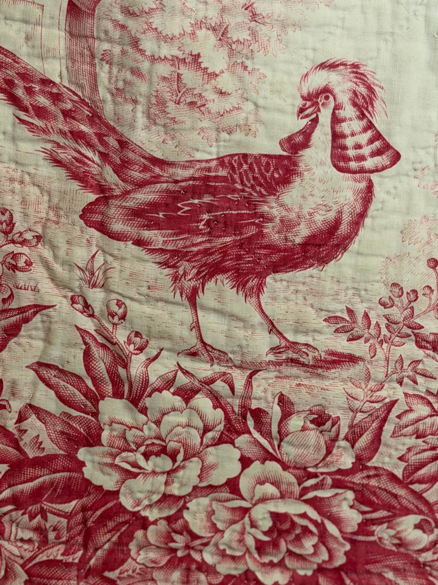 Antique French Boutis Quilt Pink Bird Toile