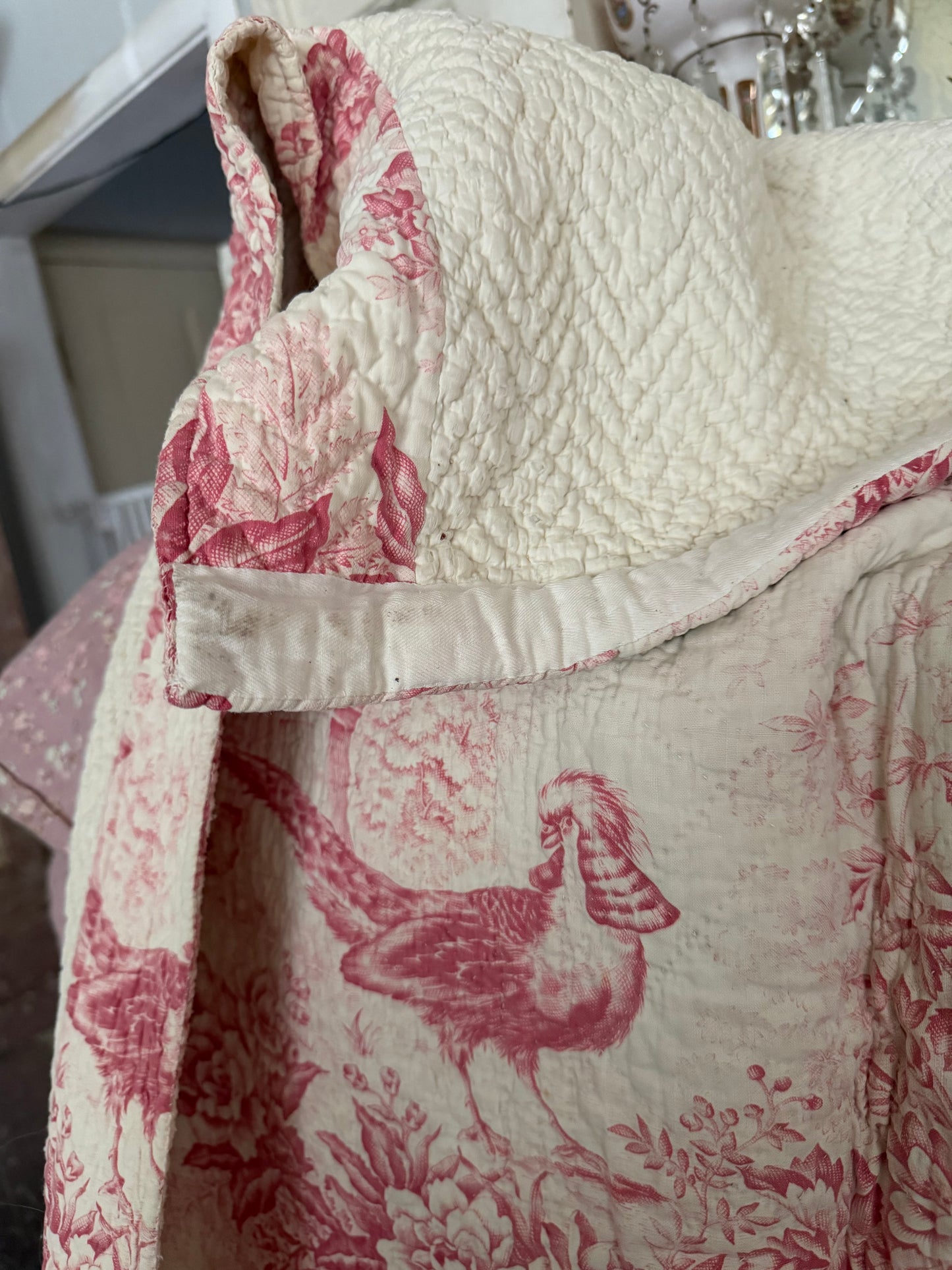 Antique French Boutis Quilt Pink Bird Toile
