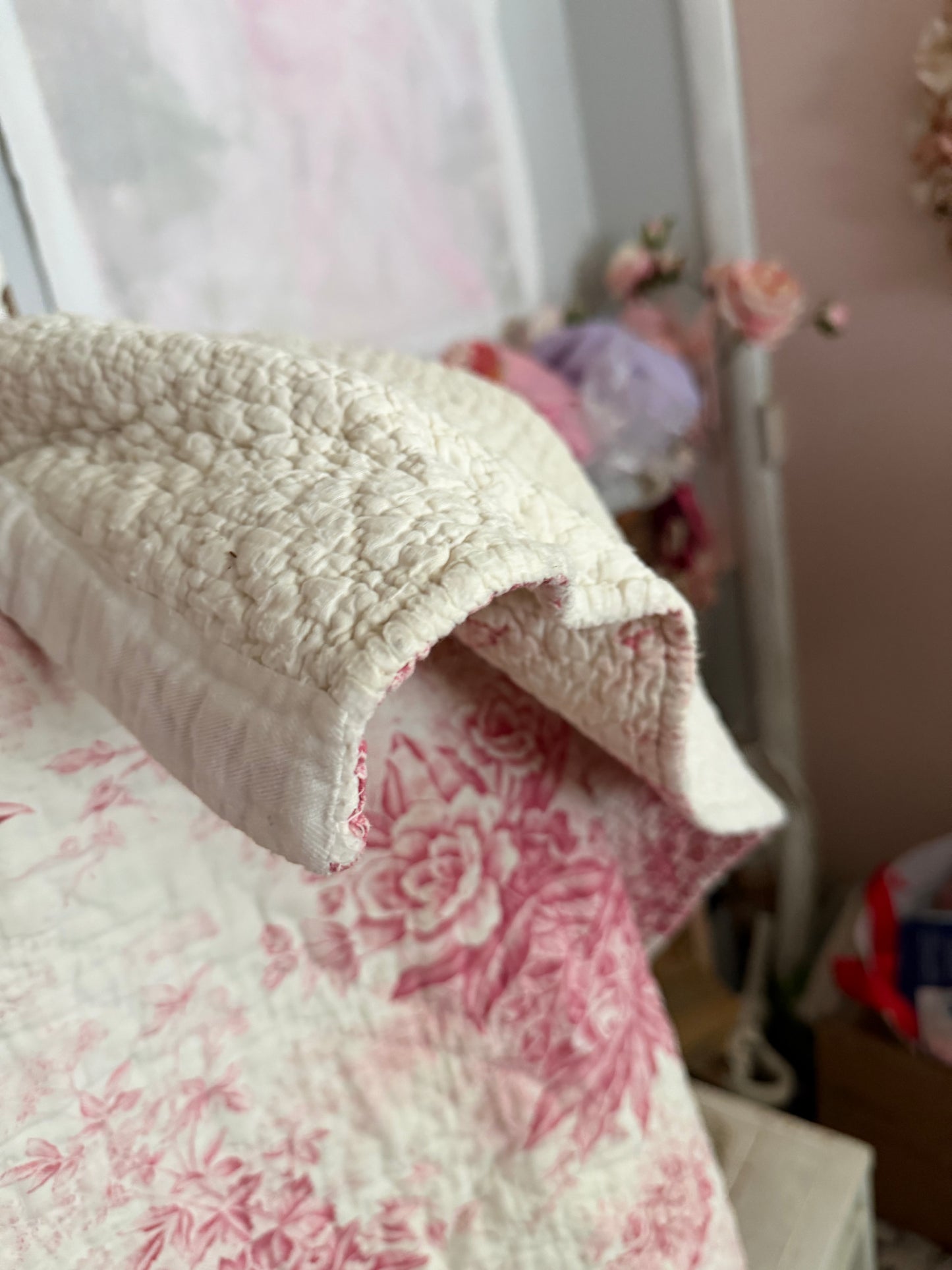 Antique French Boutis Quilt Pink Bird Toile