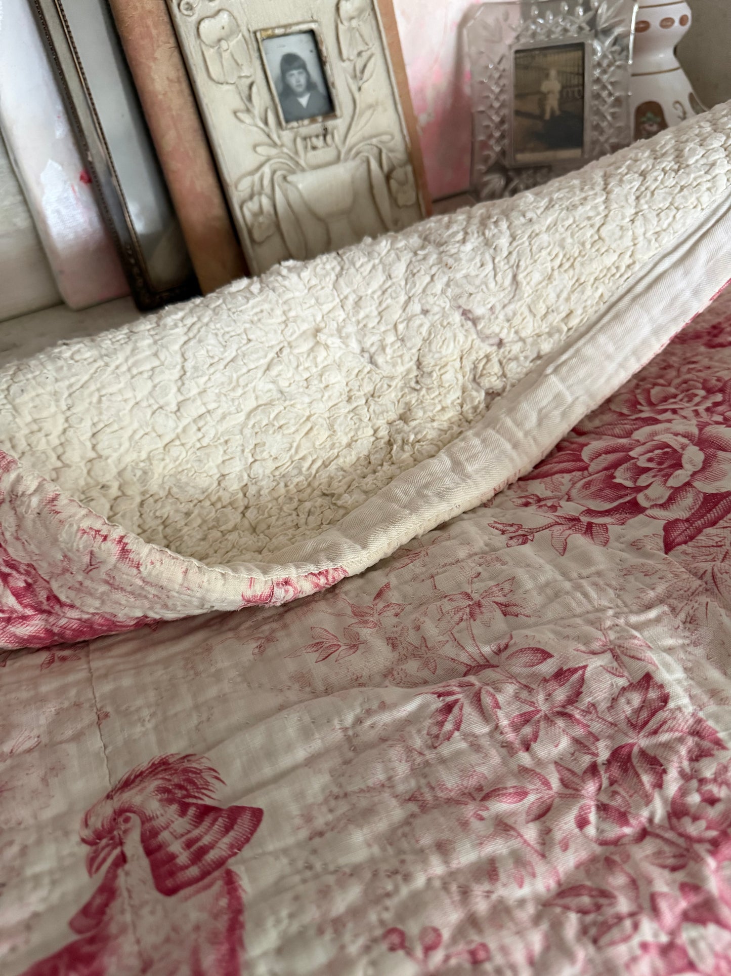 Antique French Boutis Quilt Pink Bird Toile