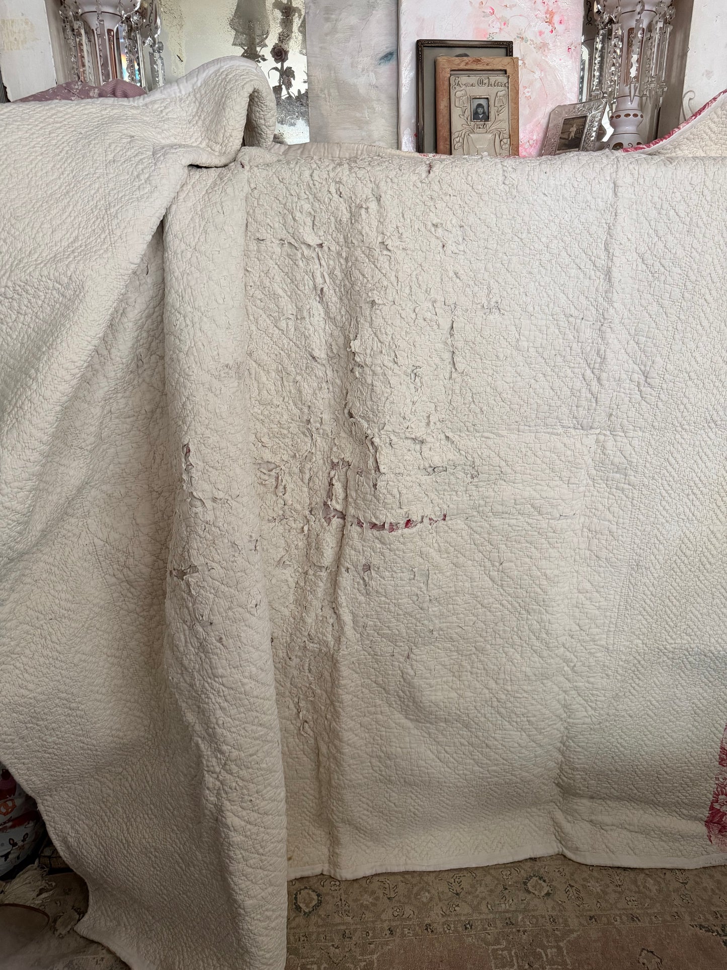 Antique French Boutis Quilt Pink Bird Toile