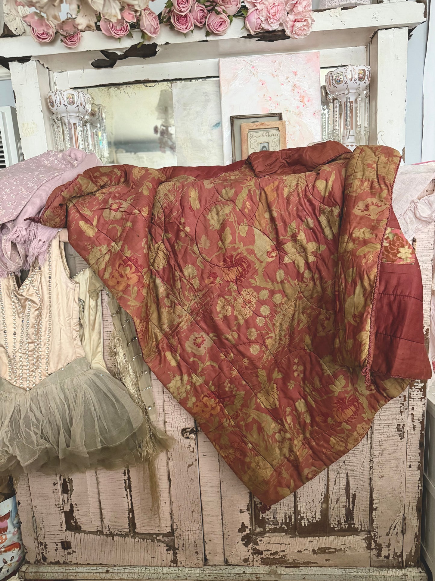 Antique French Lap Quilt Red Peacock Toile