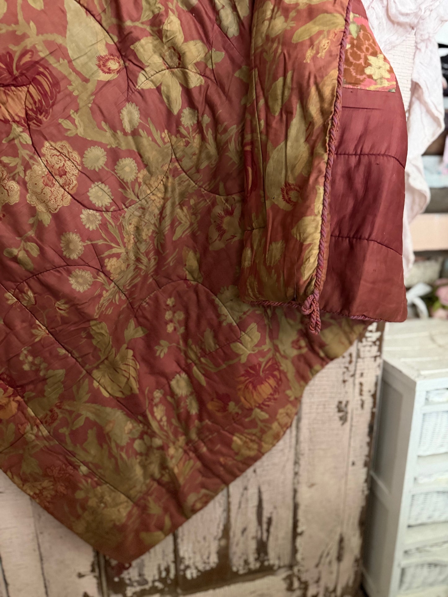 Antique French Lap Quilt Red Peacock Toile