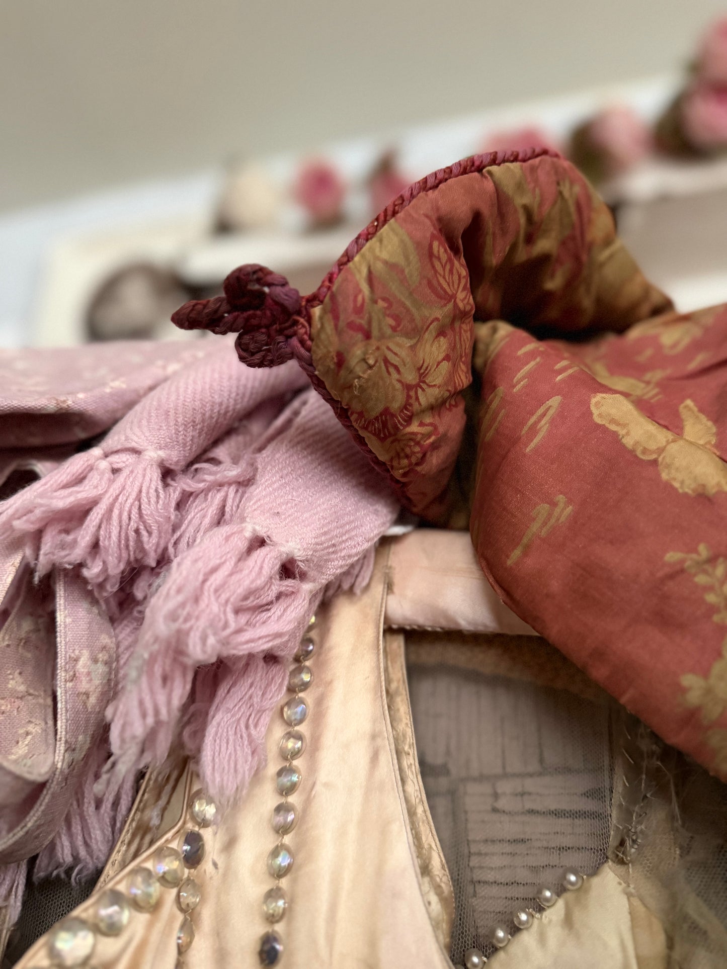 Antique French Lap Quilt Red Peacock Toile
