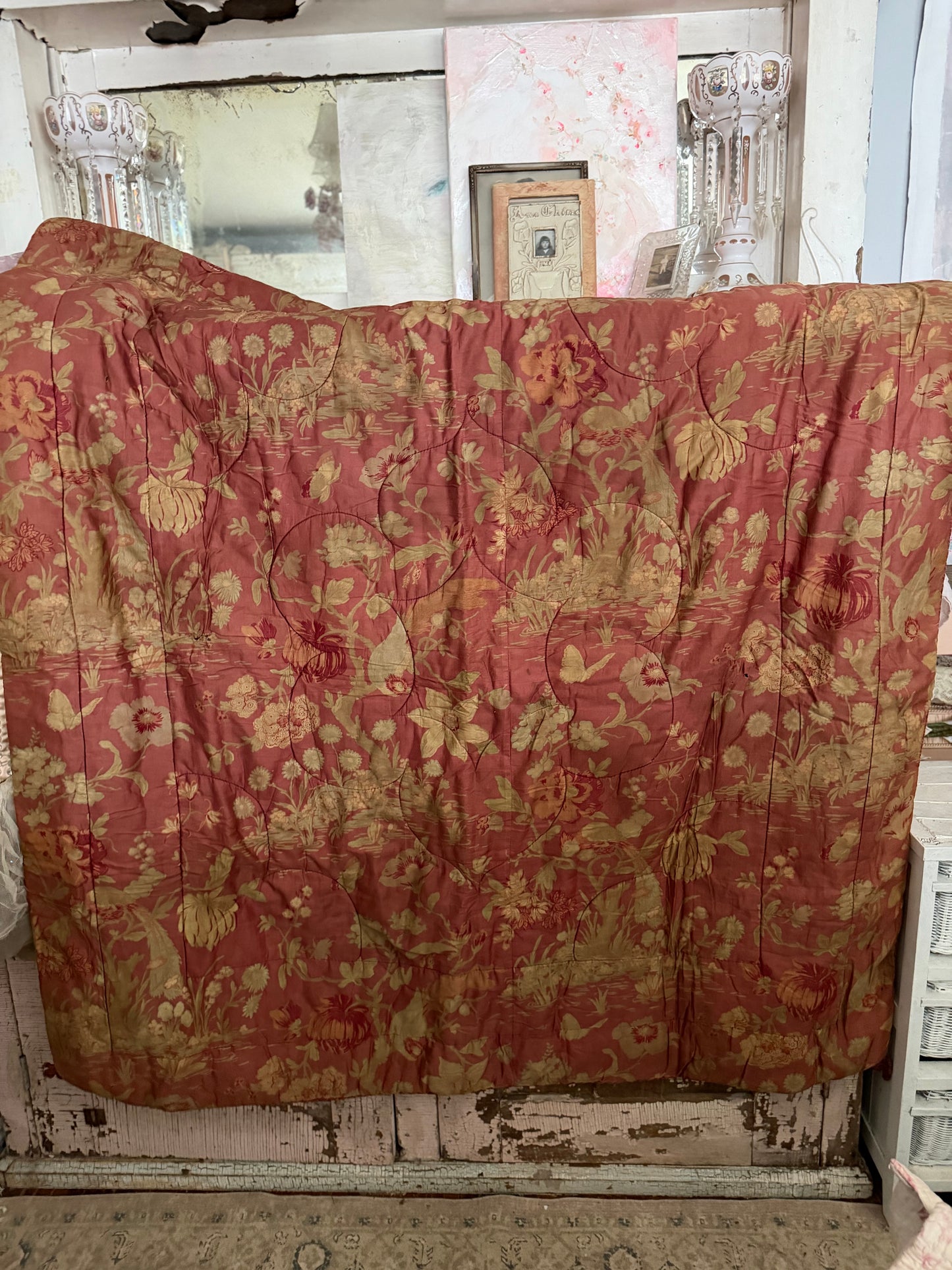 Antique French Lap Quilt Red Peacock Toile