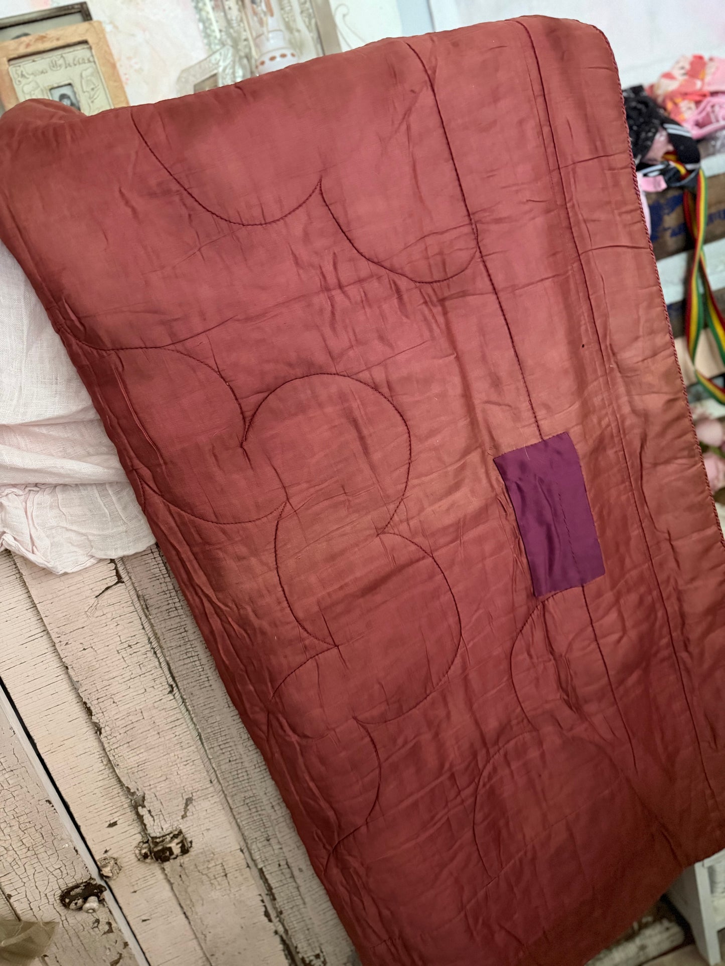 Antique French Lap Quilt Red Peacock Toile