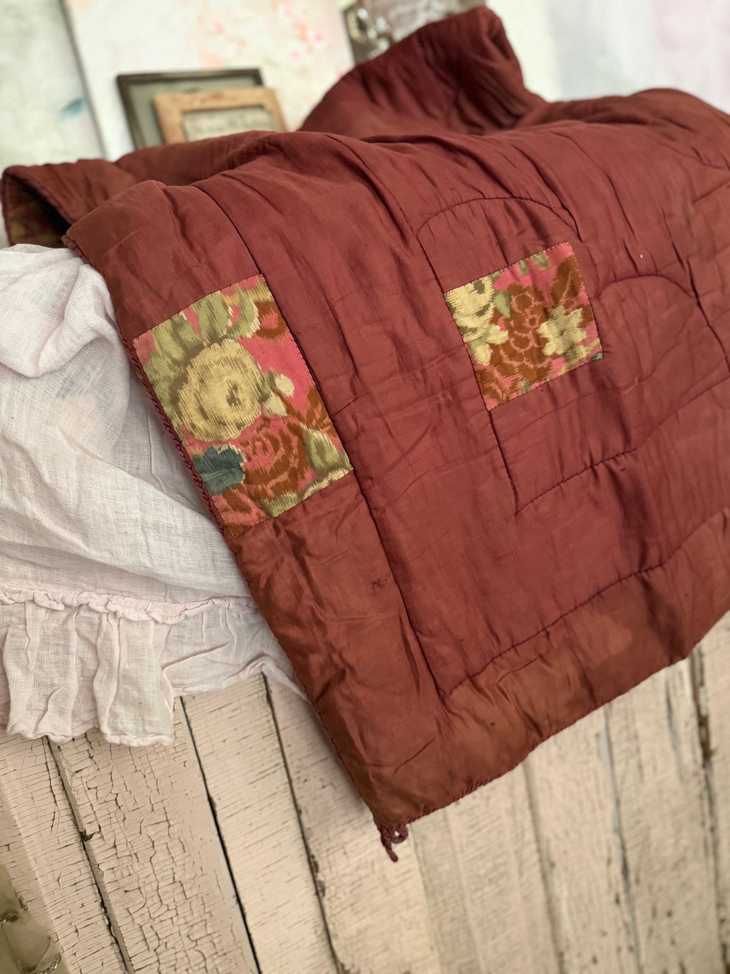 Antique French Lap Quilt Red Peacock Toile