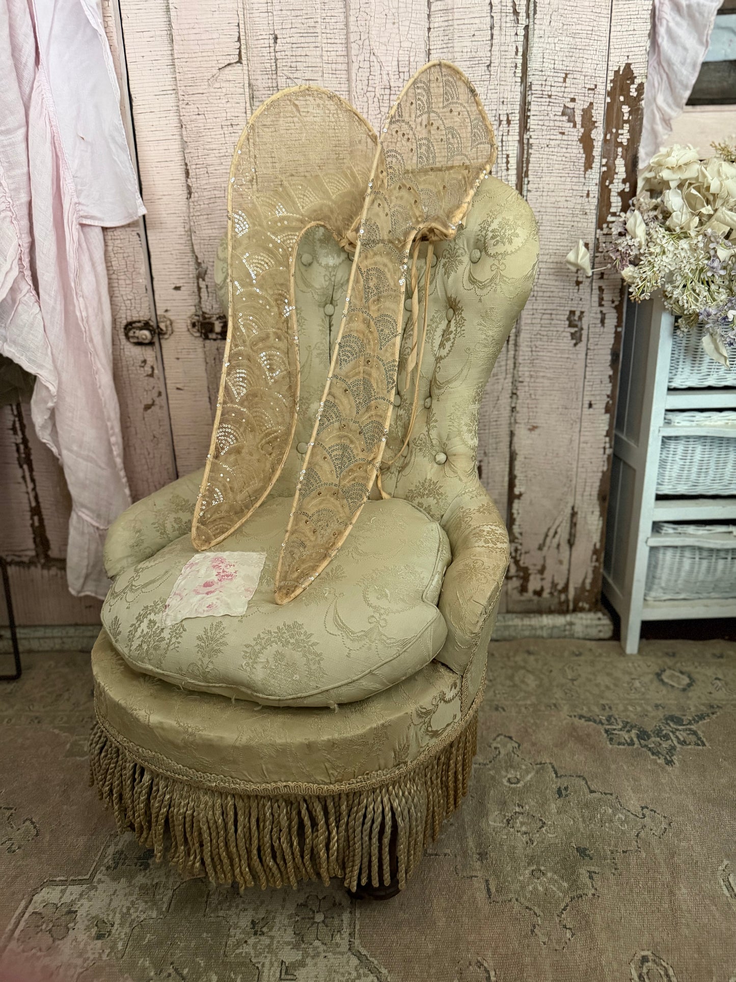 RARE Antique Victorian Childs Silk Slipper Chair