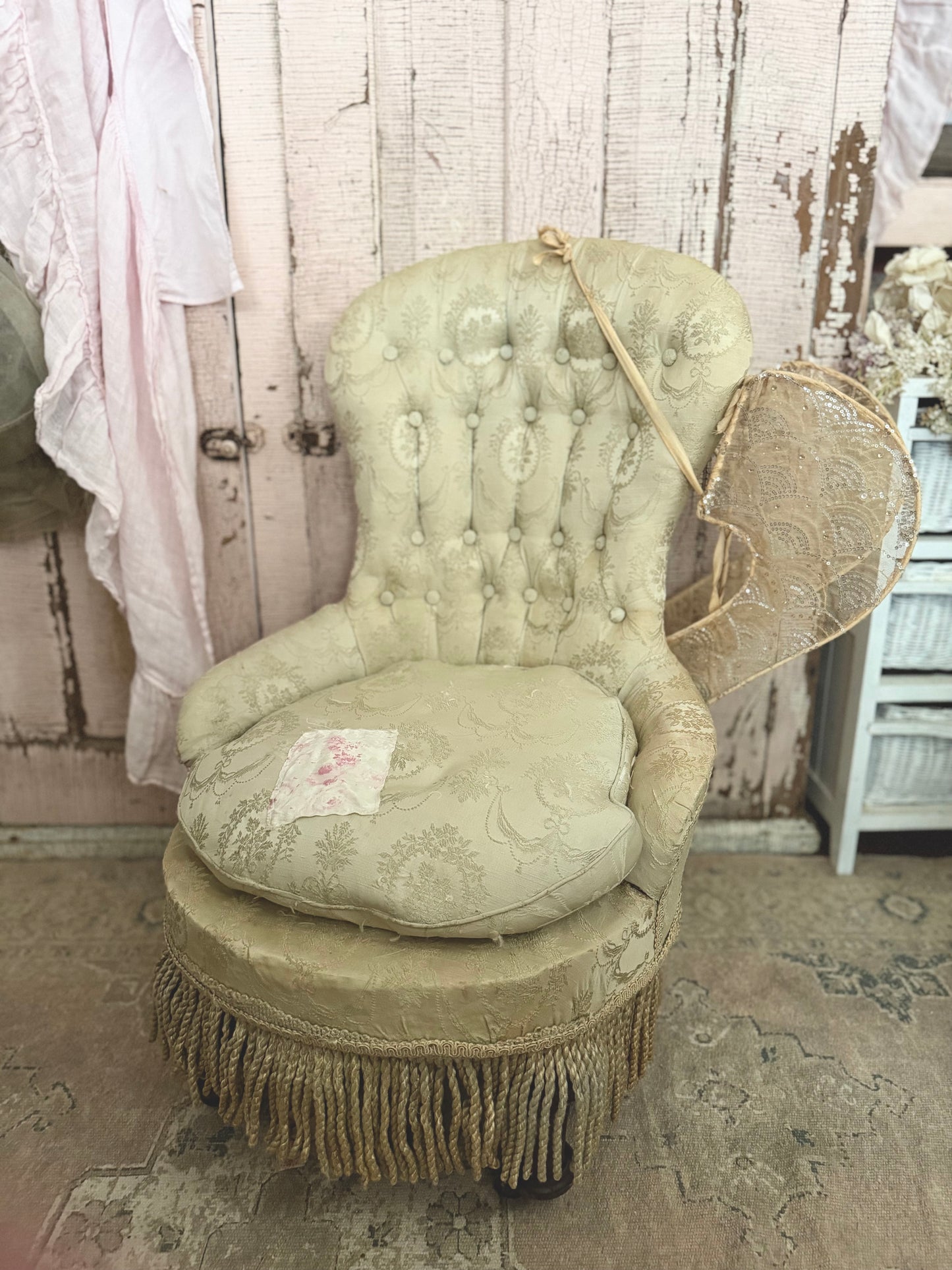 RARE Antique Victorian Childs Silk Slipper Chair