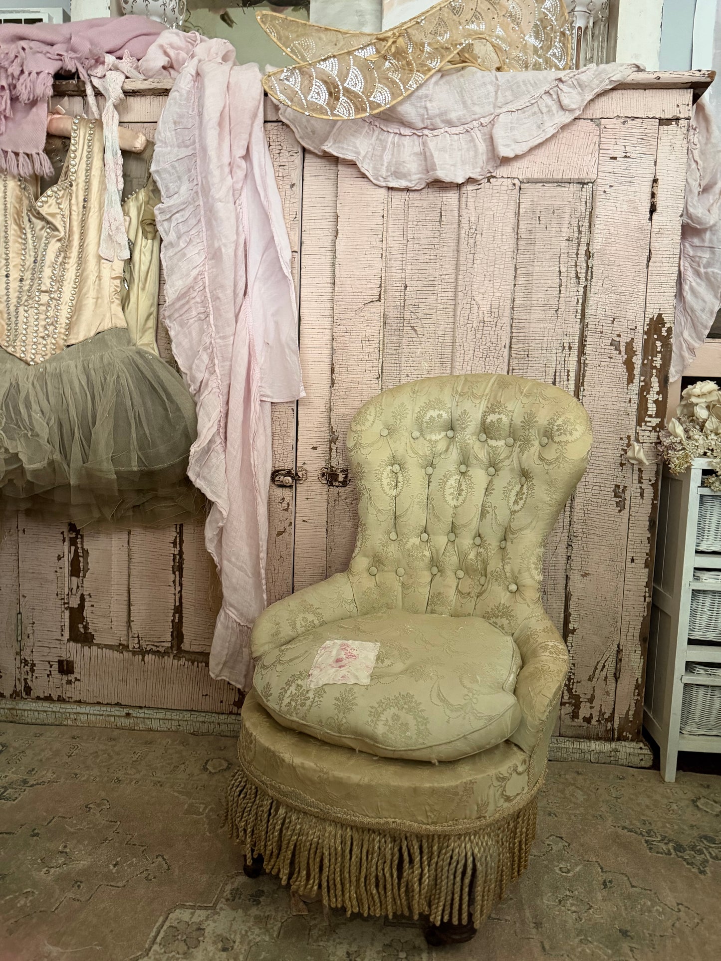 RARE Antique Victorian Childs Silk Slipper Chair