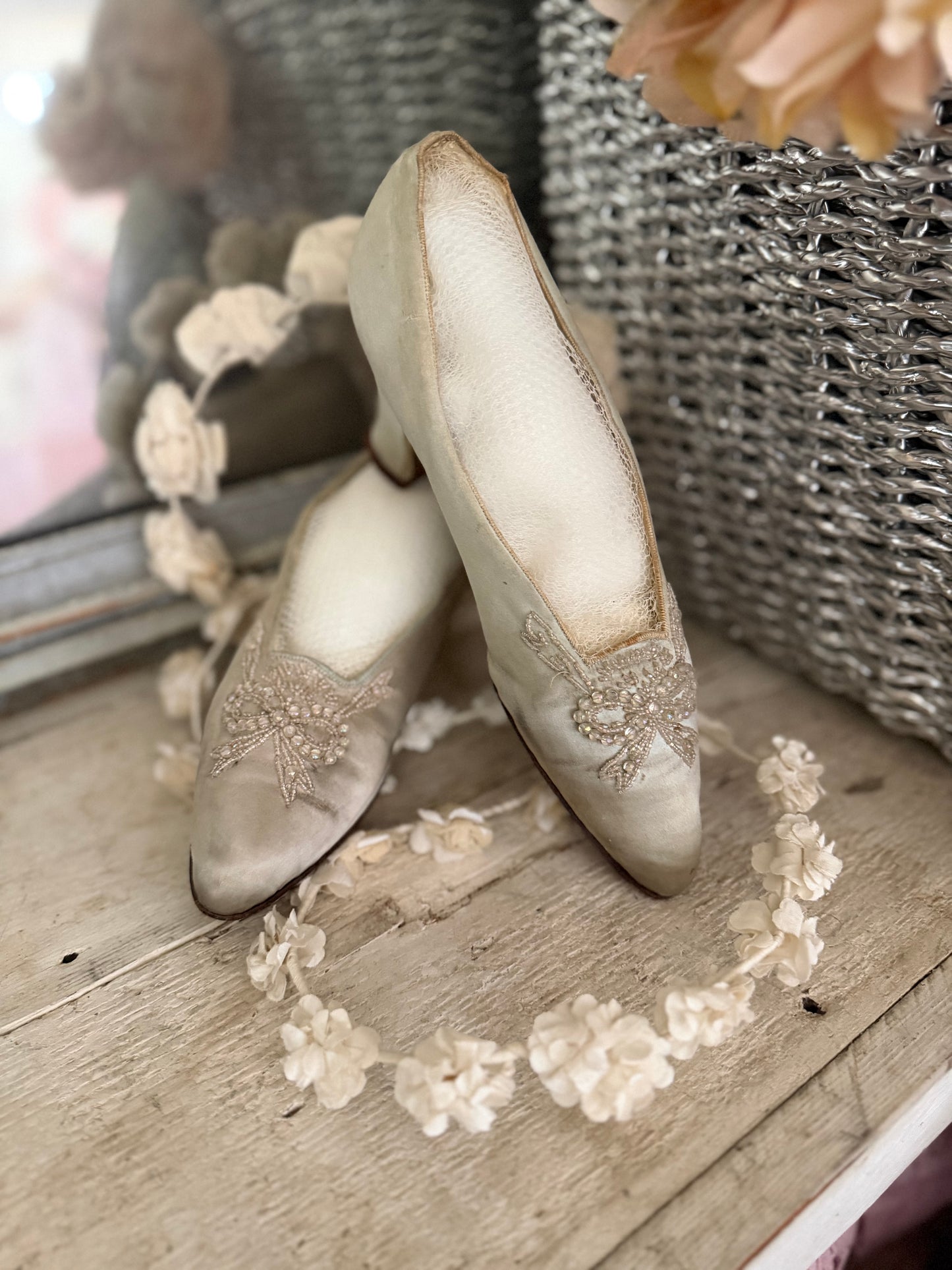 Antique Ice Green Silk Shoes With Beaded Bows