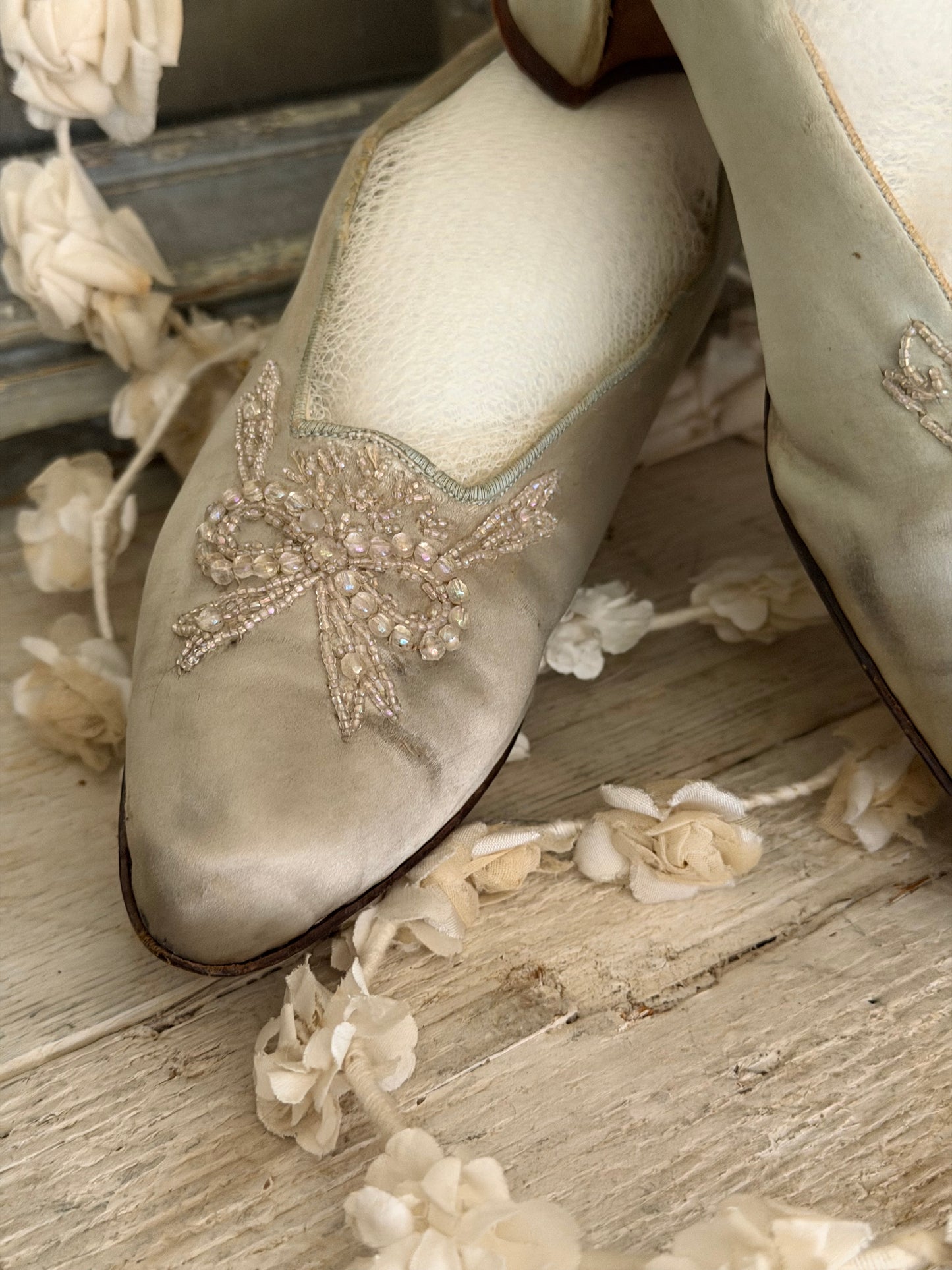 Antique Ice Green Silk Shoes With Beaded Bows