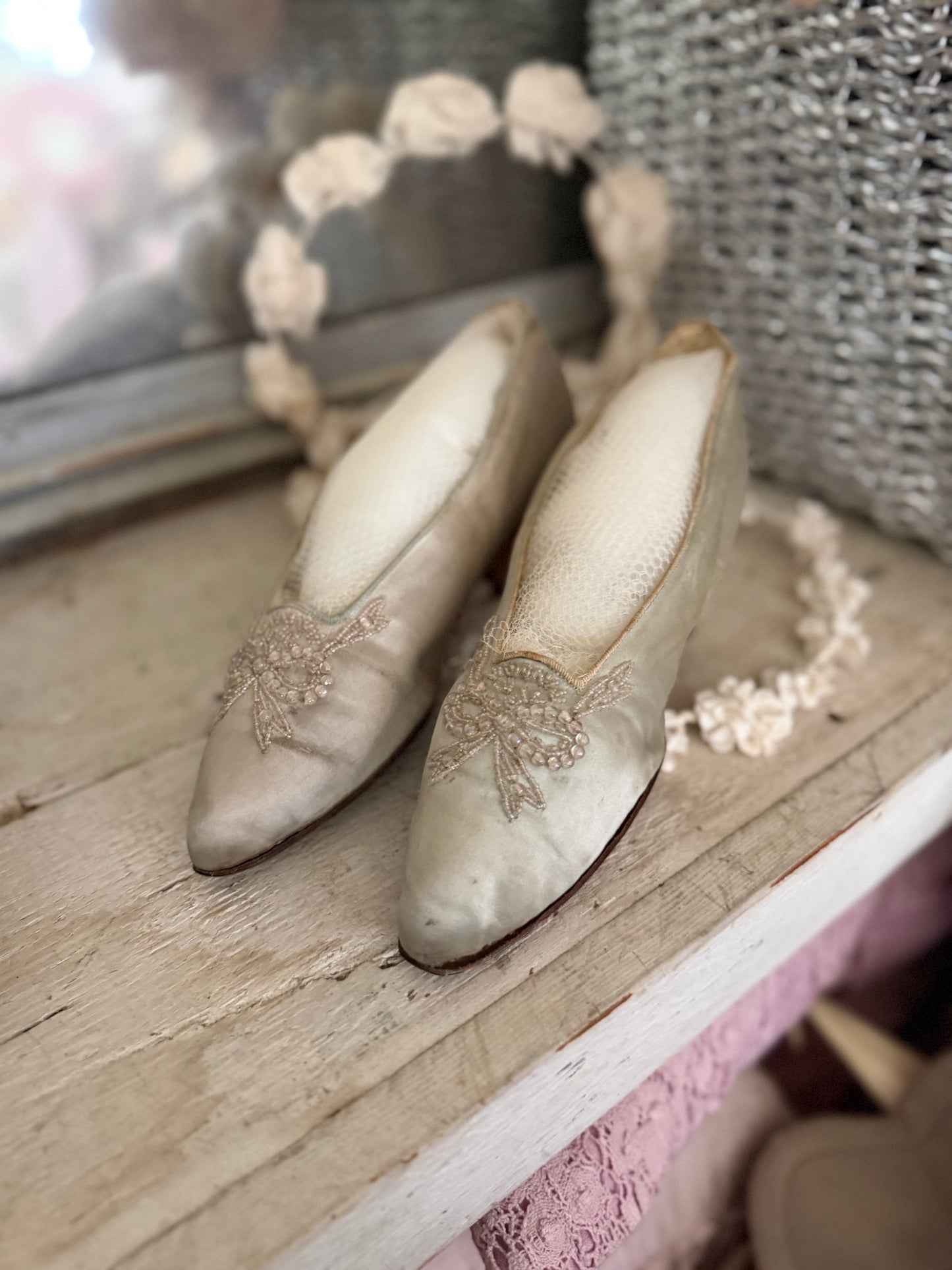 Antique Ice Green Silk Shoes With Beaded Bows