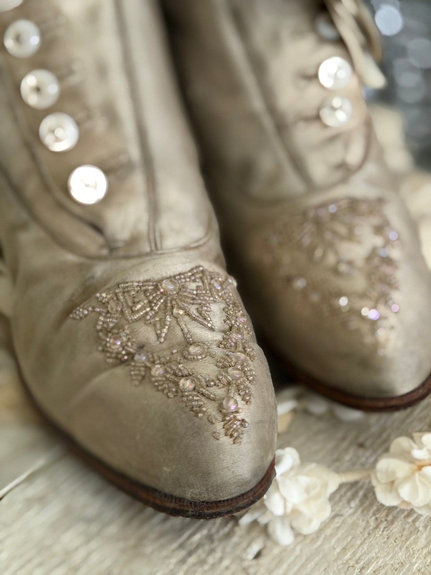 Antique Ice Grey Silk Button Boots Shoes With Beaded Bows