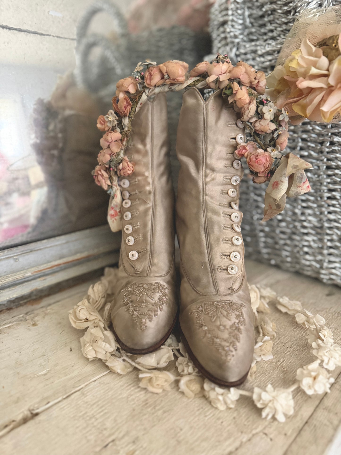 Antique Ice Grey Silk Button Boots Shoes With Beaded Bows