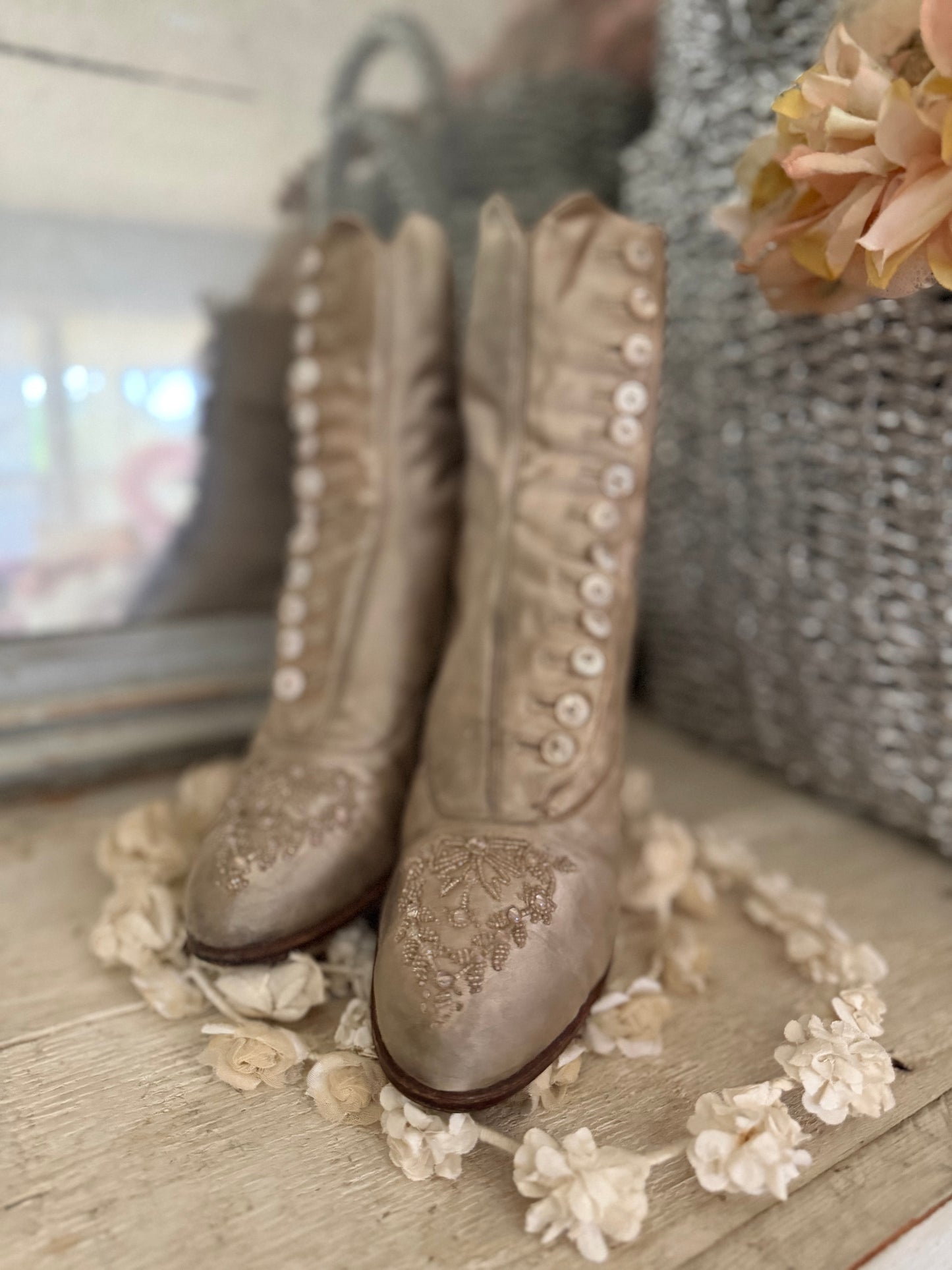 Antique Ice Grey Silk Button Boots Shoes With Beaded Bows