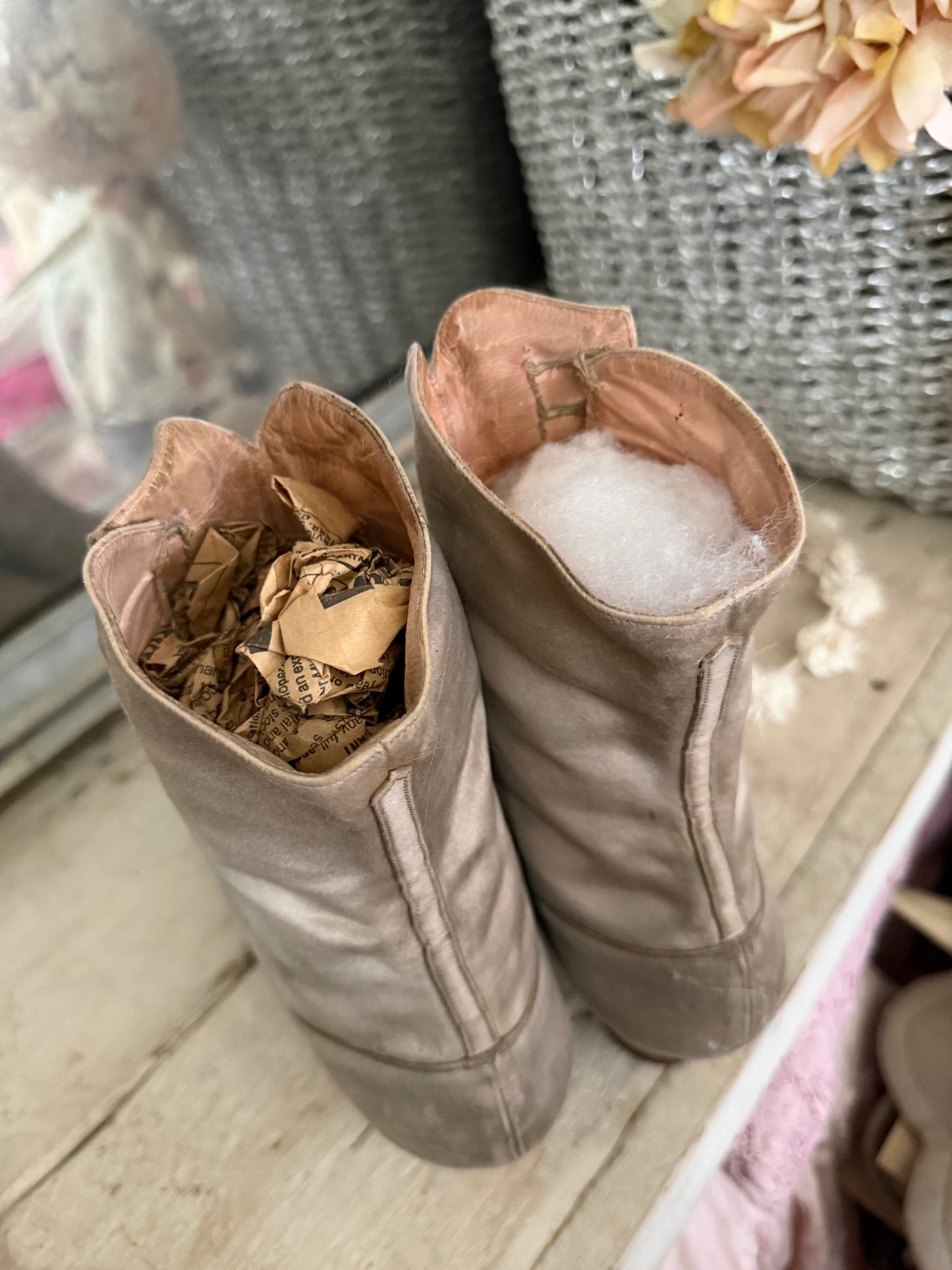 Antique Ice Grey Silk Button Boots Shoes With Beaded Bows
