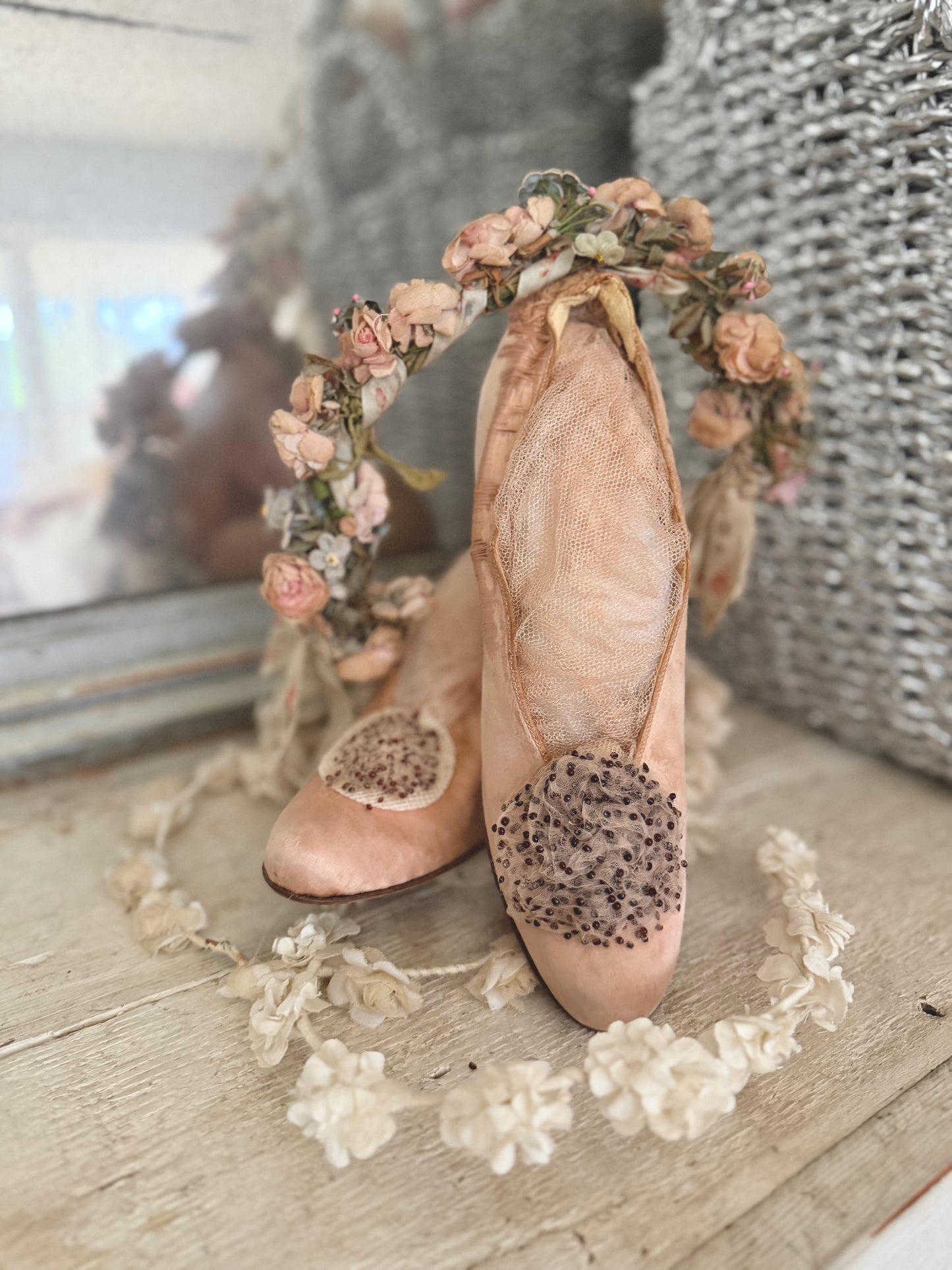 Antique Pink Silk Shoes With Rosettes