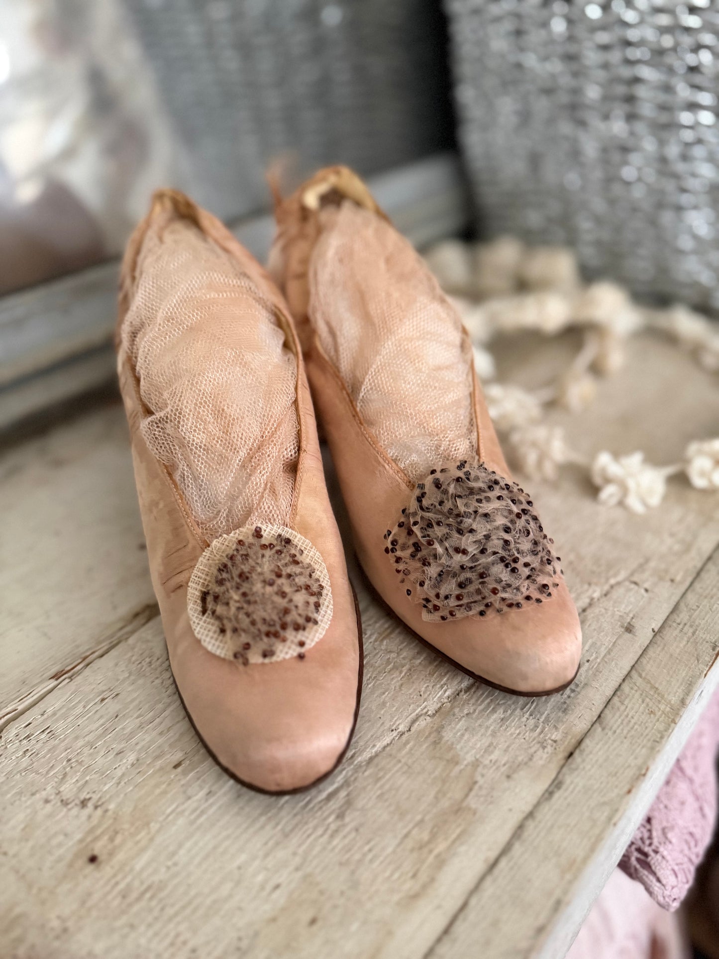 Antique Pink Silk Shoes With Rosettes