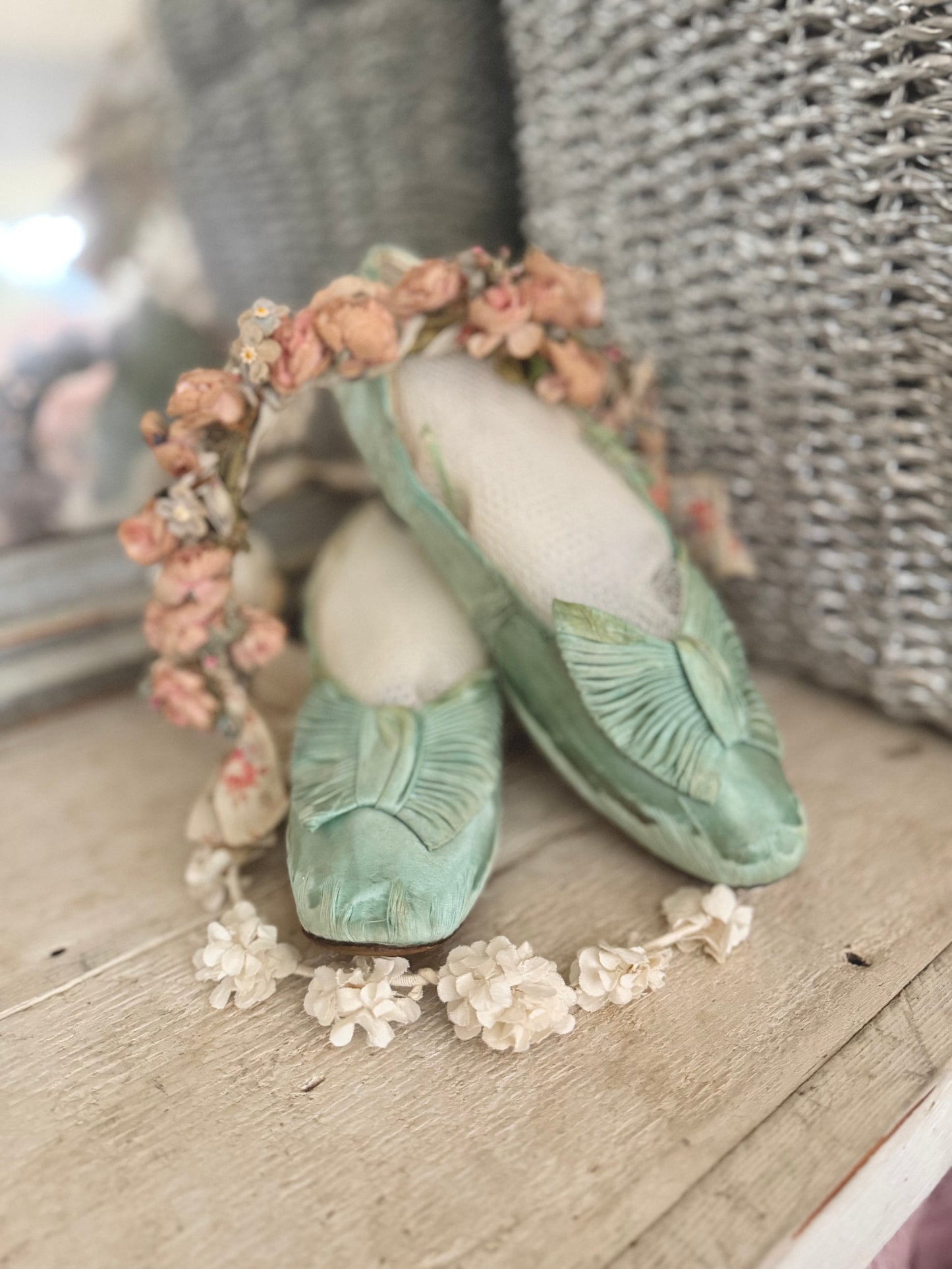 Antique Mint Green Silk Shoes With Bows