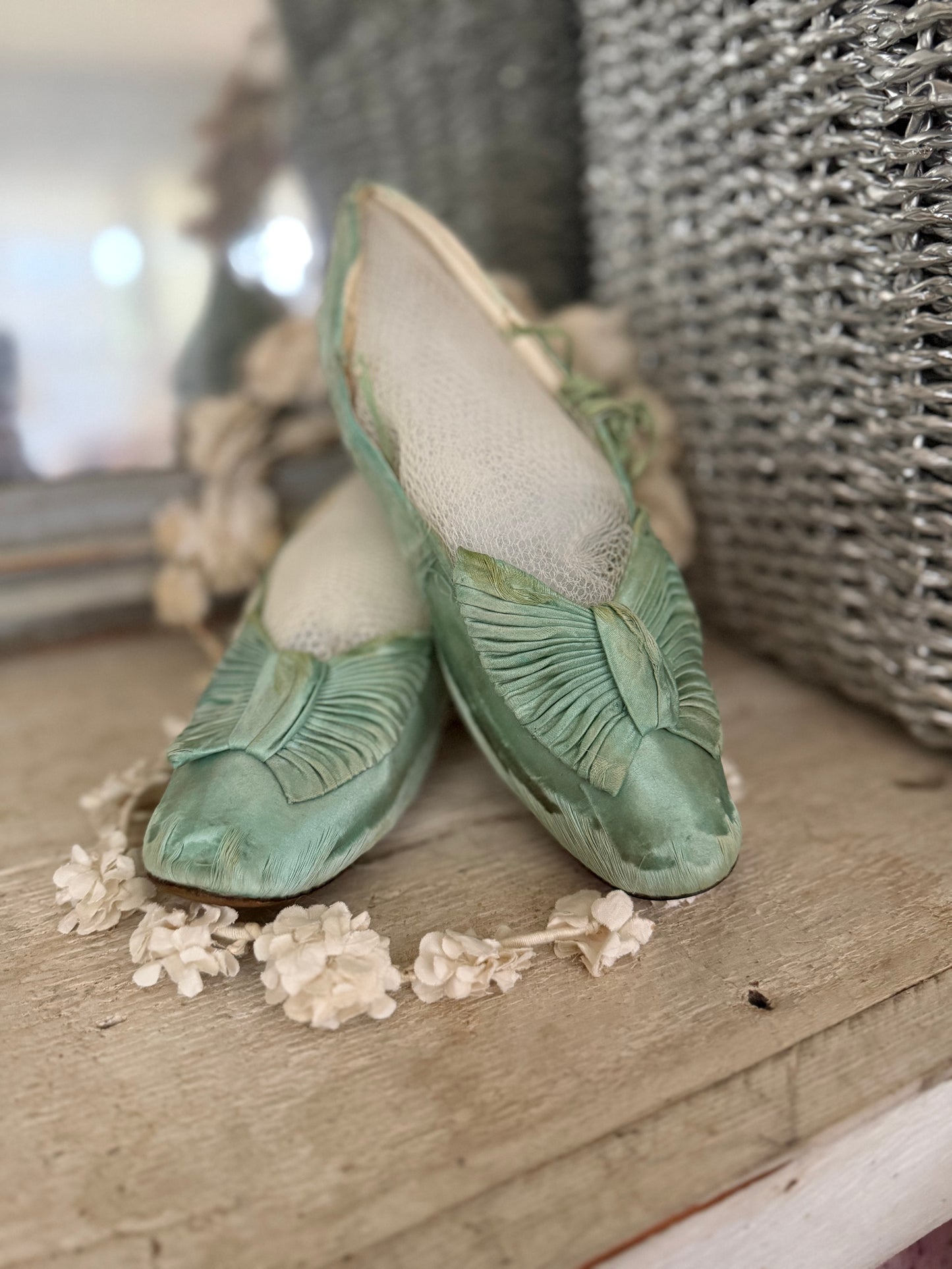 Antique Mint Green Silk Shoes With Bows