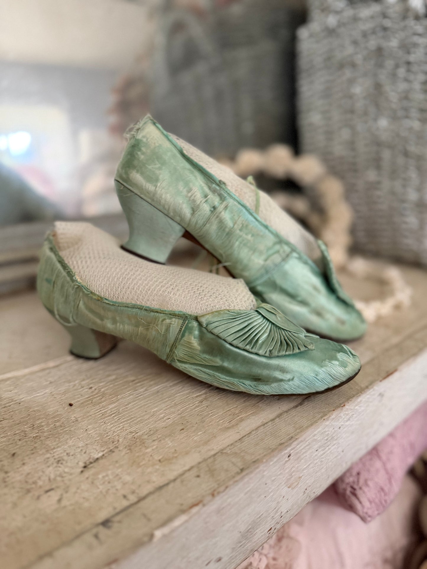 Antique Mint Green Silk Shoes With Bows