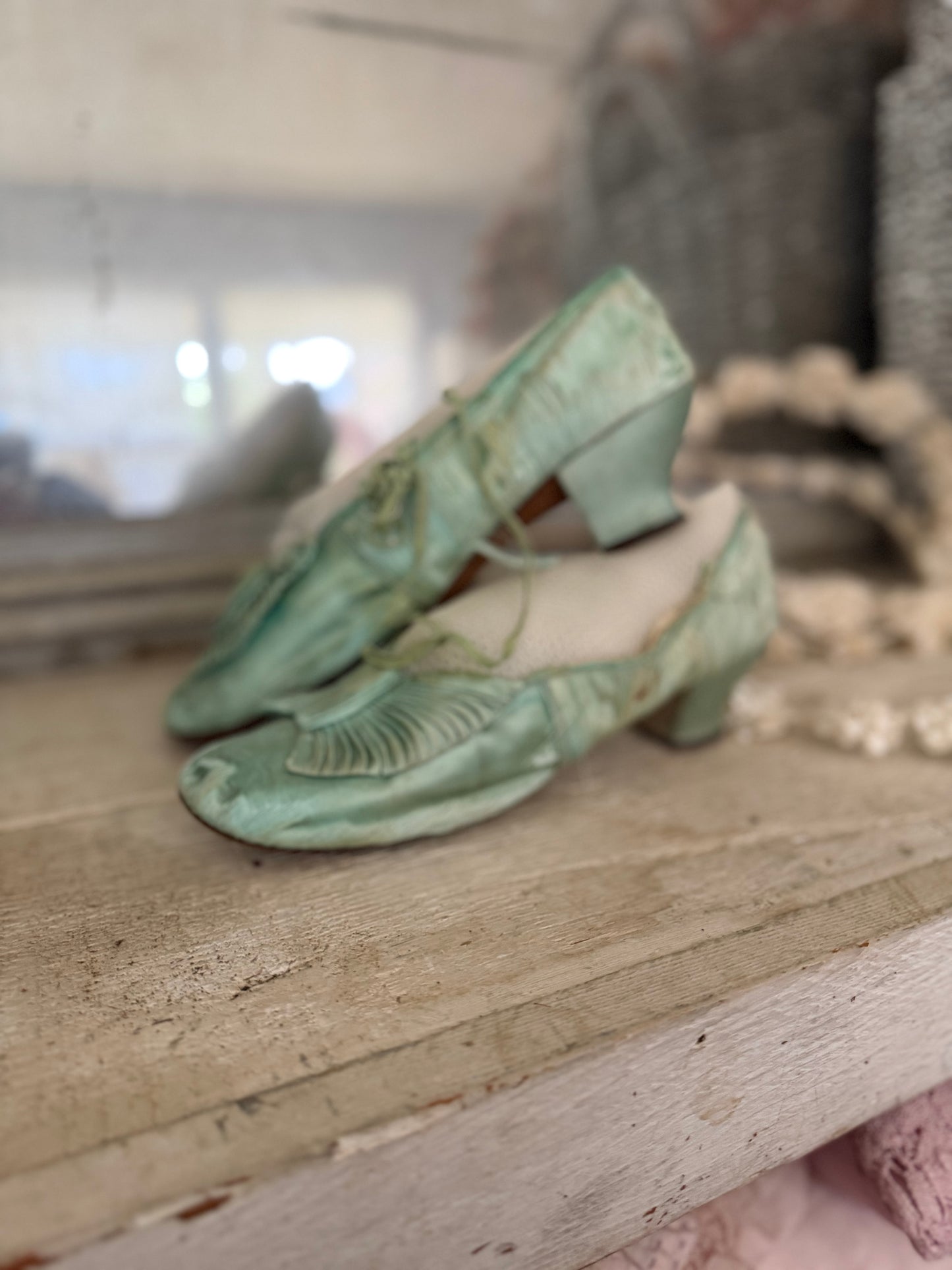 Antique Mint Green Silk Shoes With Bows