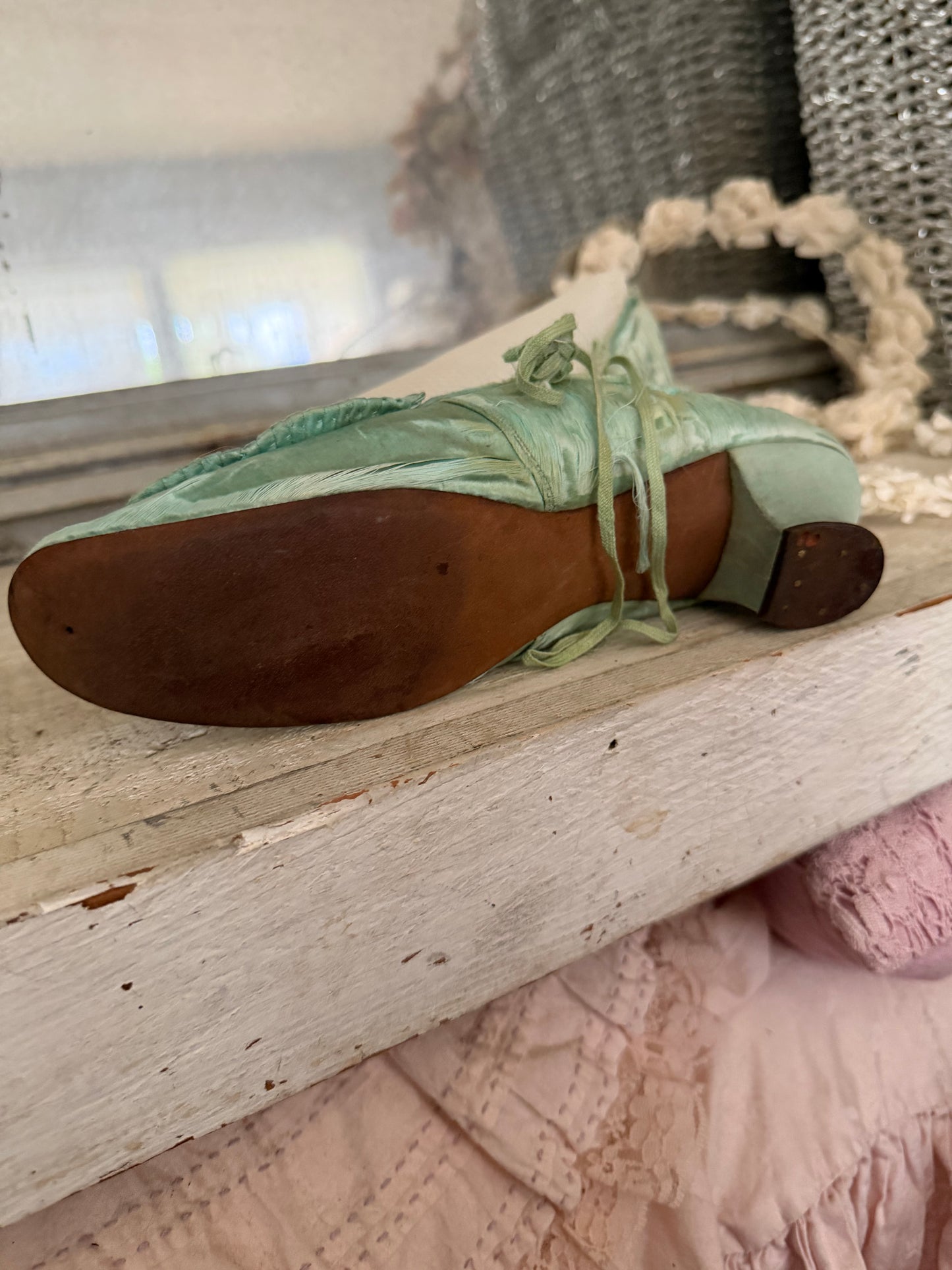 Antique Mint Green Silk Shoes With Bows