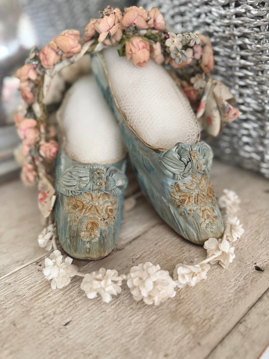 Antique Embroidered Blue Silk Shoes With Bows